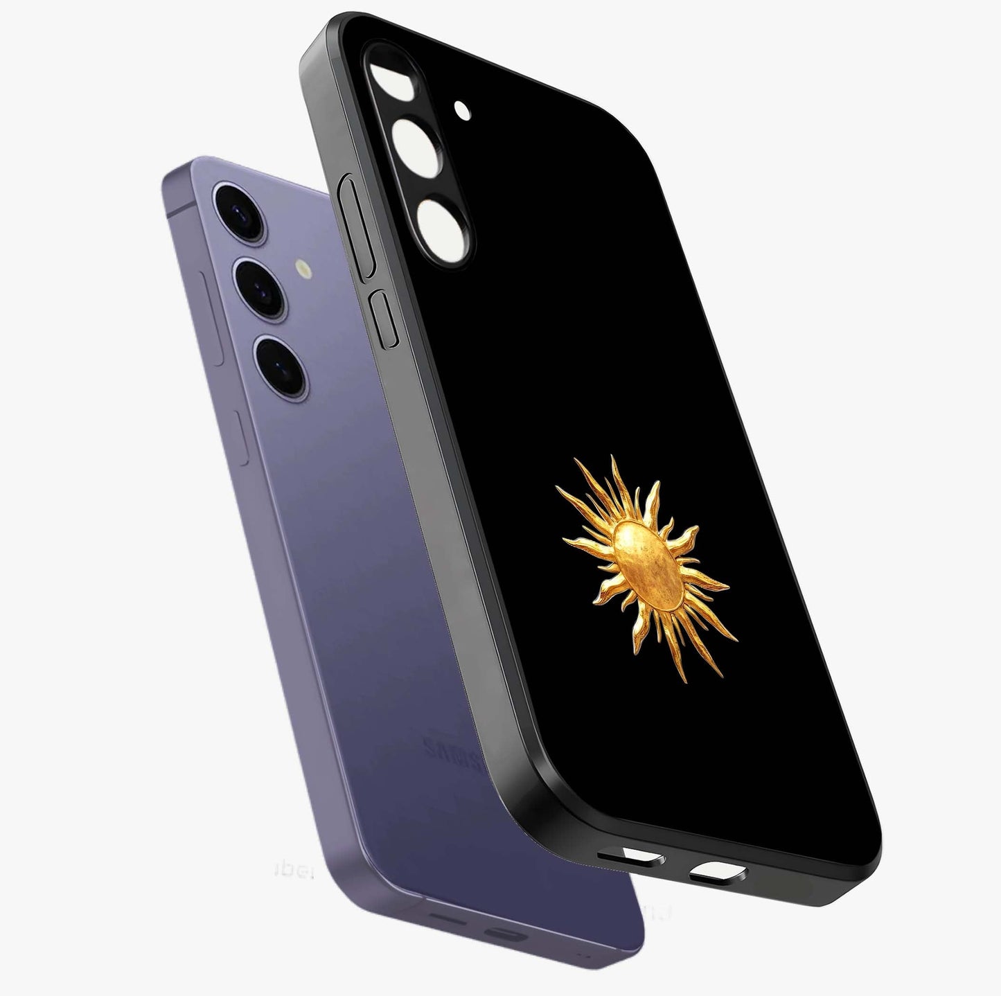 Golden Sun Minimalism Glass Case displayed in angled mockup highlighting eerie shadow illustration with gothic aesthetic.