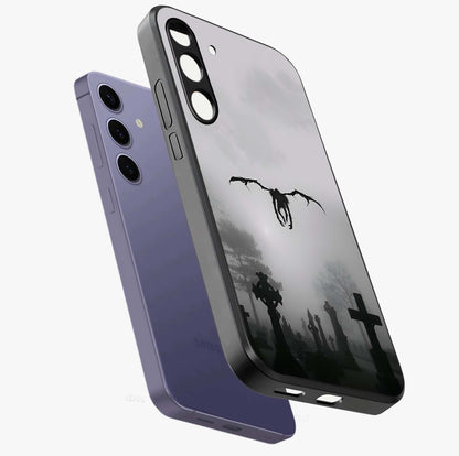 Graveyard Shadow Descent Glass Case displayed in angled mockup highlighting eerie shadow illustration with gothic aesthetic.