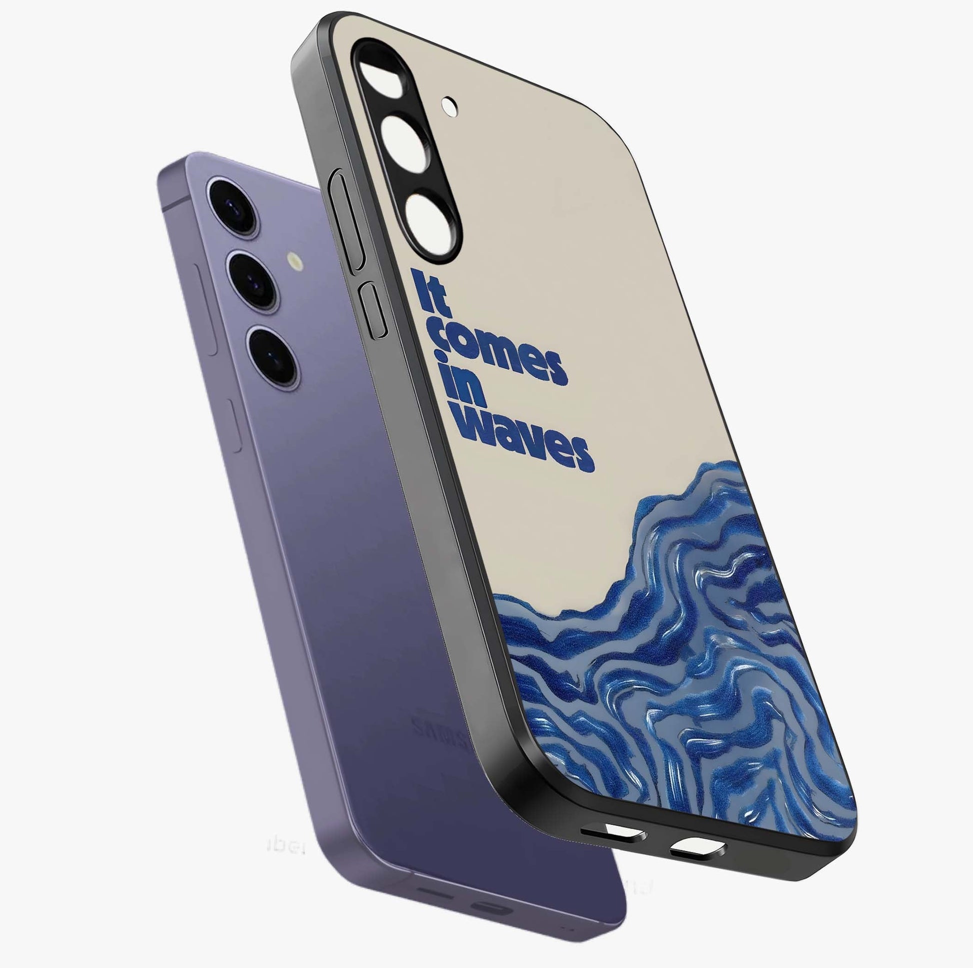 It Comes In Waves Quote Glass Case displayed in angled mockup highlighting ocean wave typography design with aesthetic style.