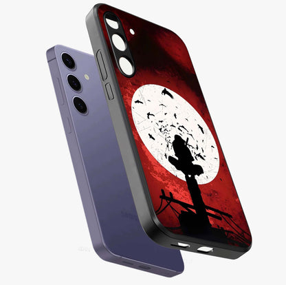 Itachi Limited Edition Naruto Anime Glass Case displayed in angled mockup highlighting dramatic anime illustration with bold action aesthetic.