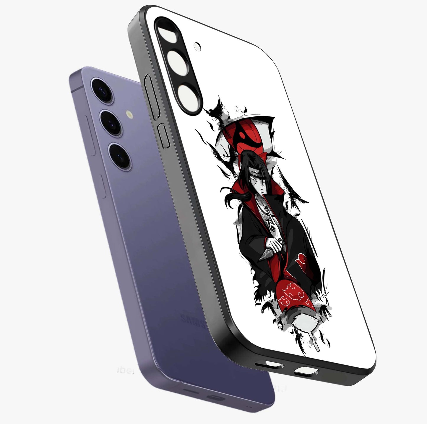 Itachi Sharingan Glass Case displayed in angled mockup highlighting striking sharingan eye design with dramatic anime aesthetic.