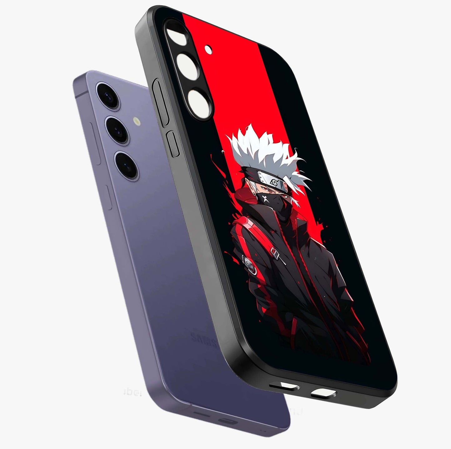Kakashi Scarlet Shadow Glass Case displayed in angled mockup highlighting dramatic ninja illustration with scarlet themed aesthetic.