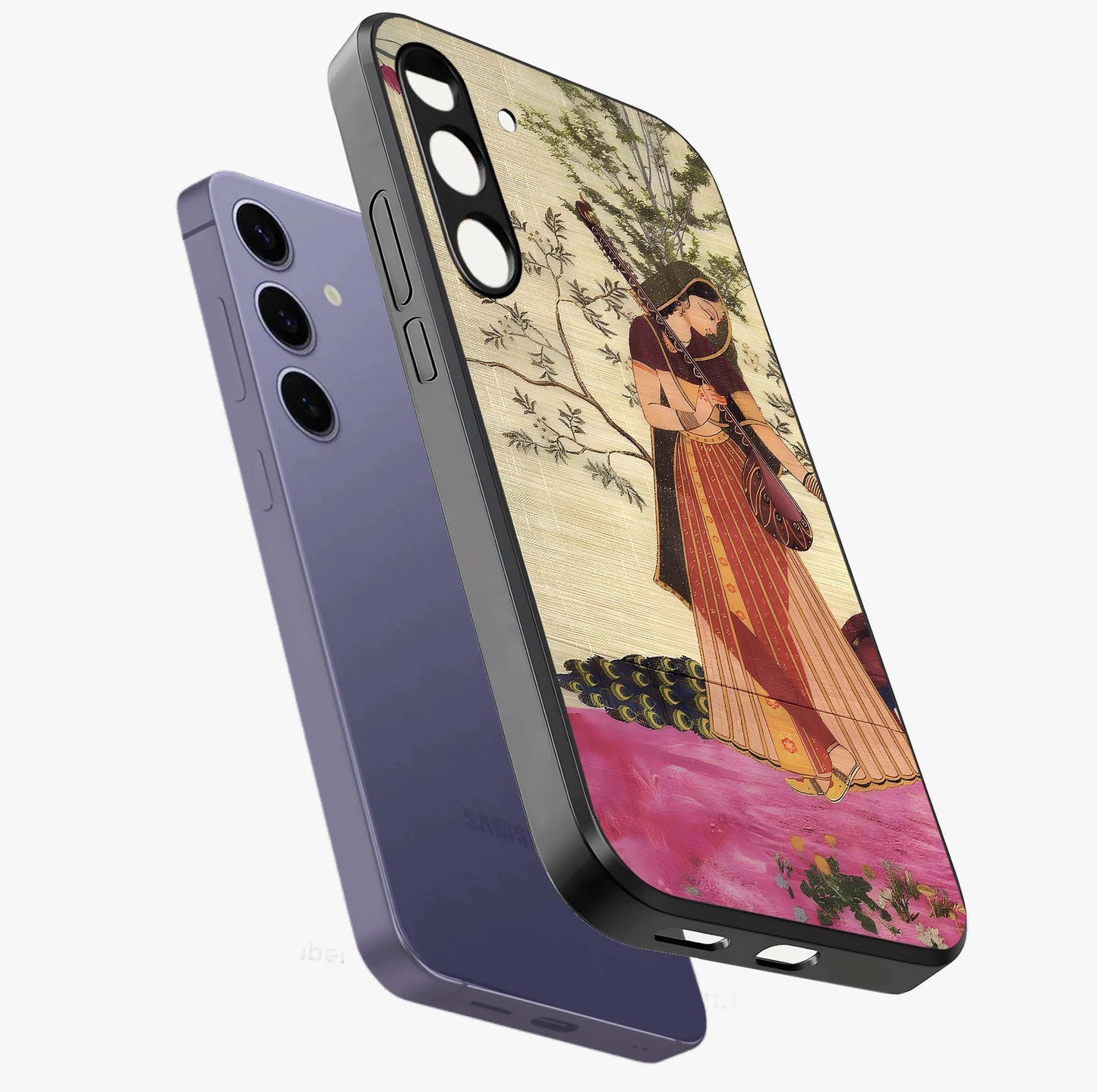Lady With Veena Art Glass Case displayed in angled mockup highlighting graceful musical illustration with cultural artistic aesthetic.