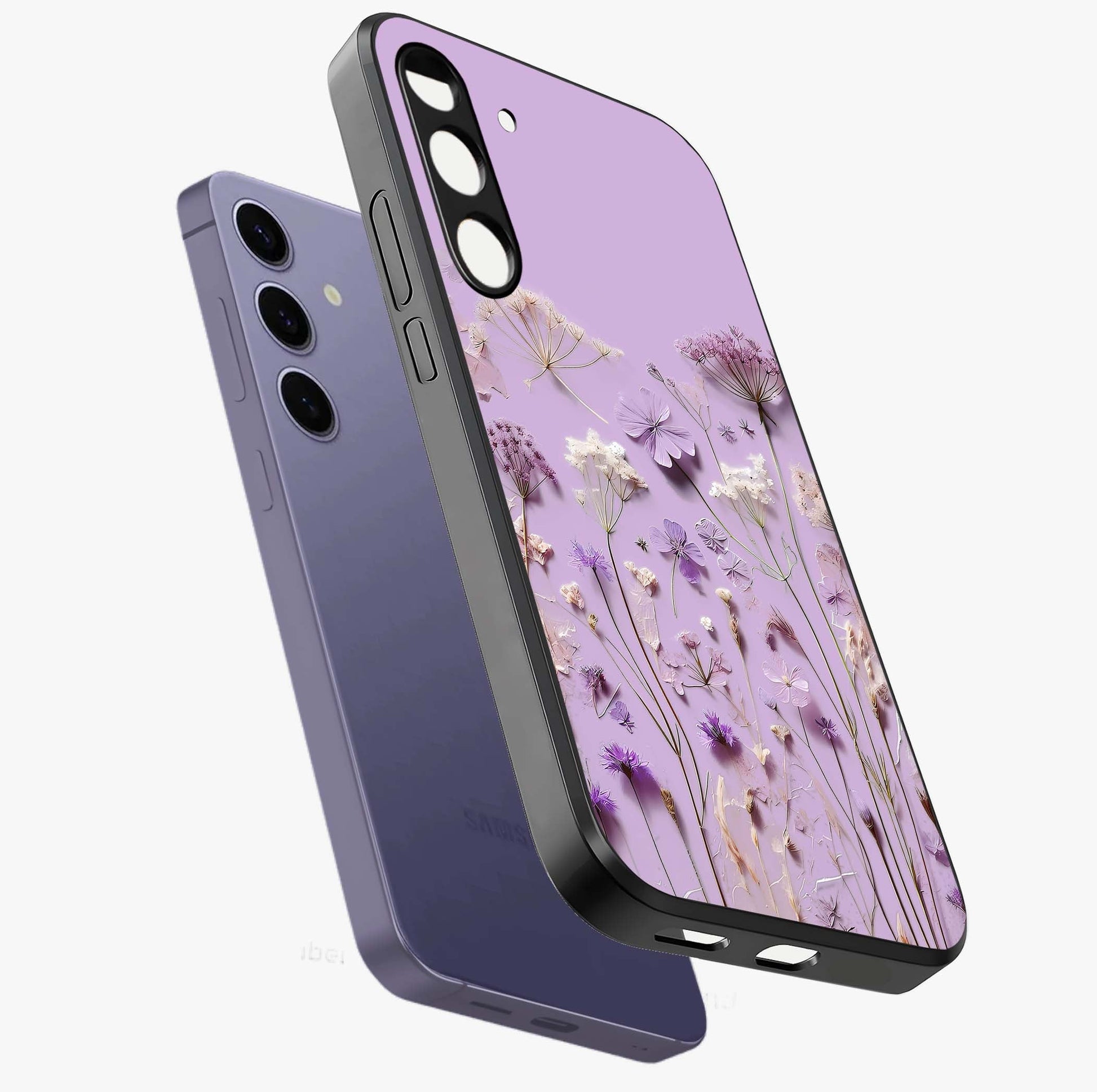 Lavender Blossom Dream Glass Case displayed in angled mockup highlighting dreamy lavender flower design with calming aesthetic style.