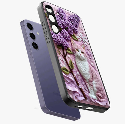 Lavender Cat Whimsy Glass Case displayed in angled mockup highlighting playful feline illustration with pastel lavender aesthetic.