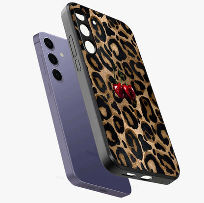 Leopard Wild Cherry Glass Case displayed in angled mockup highlighting bold animal print design with playful cherry aesthetic.