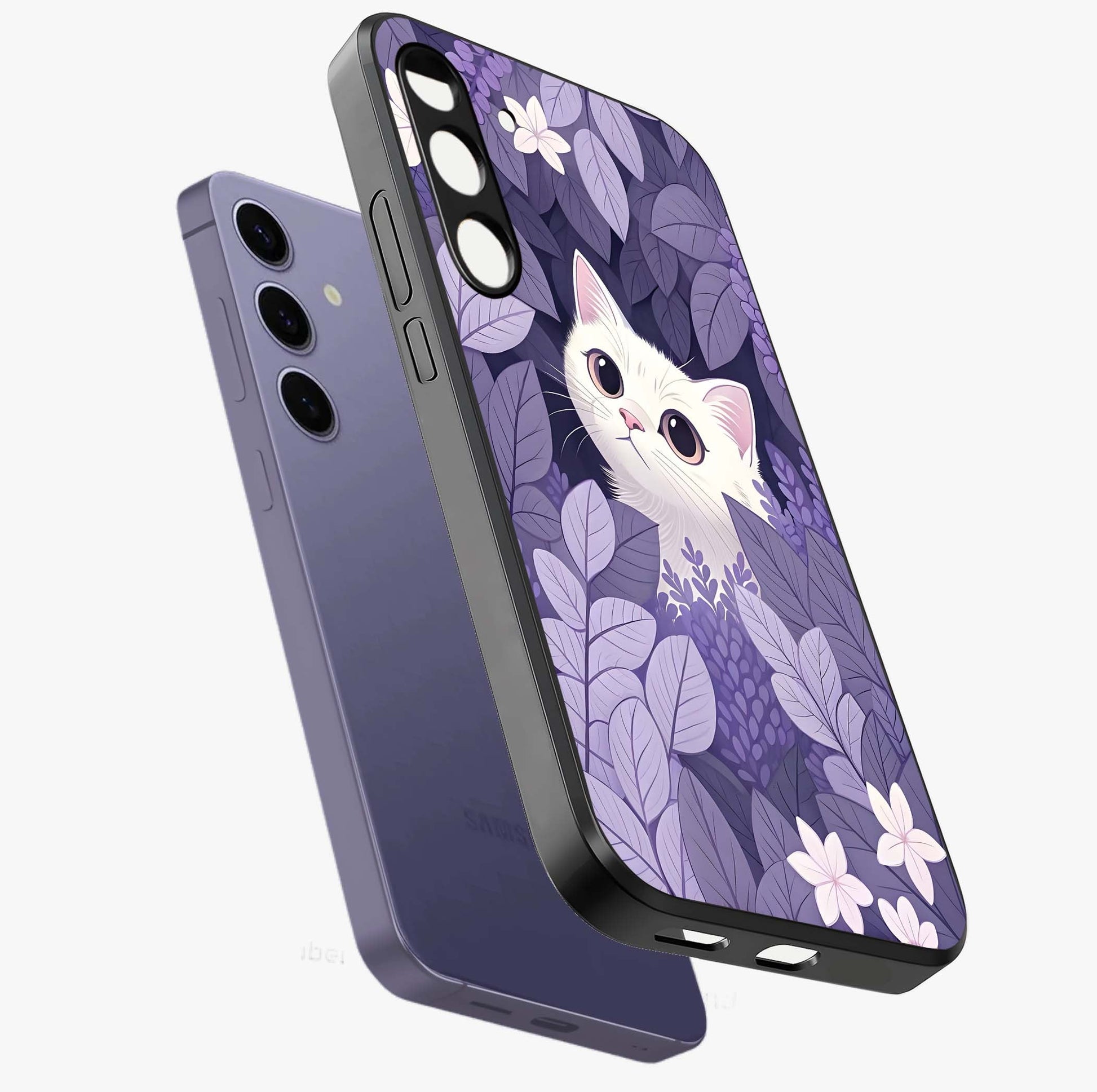 Lilac Hide Peek Cat Glass Case displayed in angled mockup highlighting playful feline illustration with lilac aesthetic design.