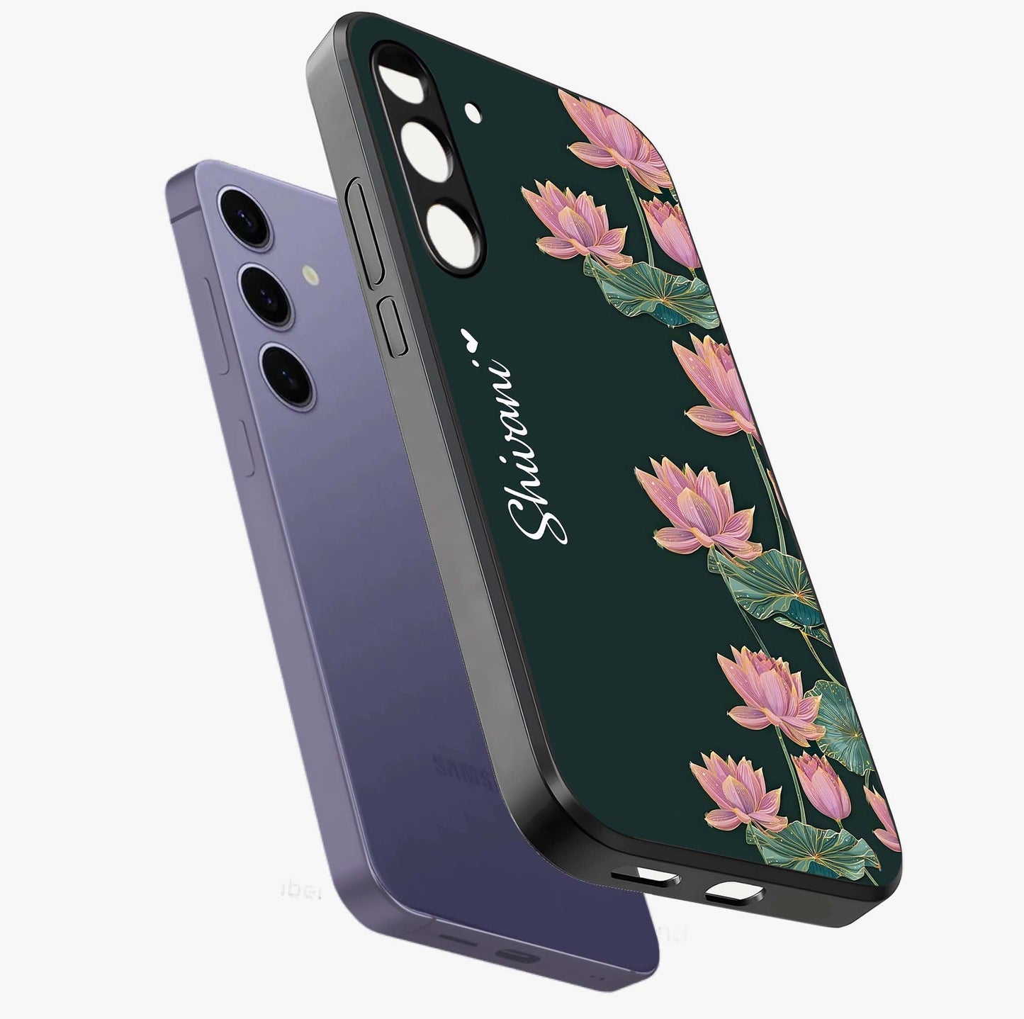 Lotus Bloom Serenity Custom Name Glass Case displayed in angled mockup highlighting graceful lotus illustration with custom name feature.