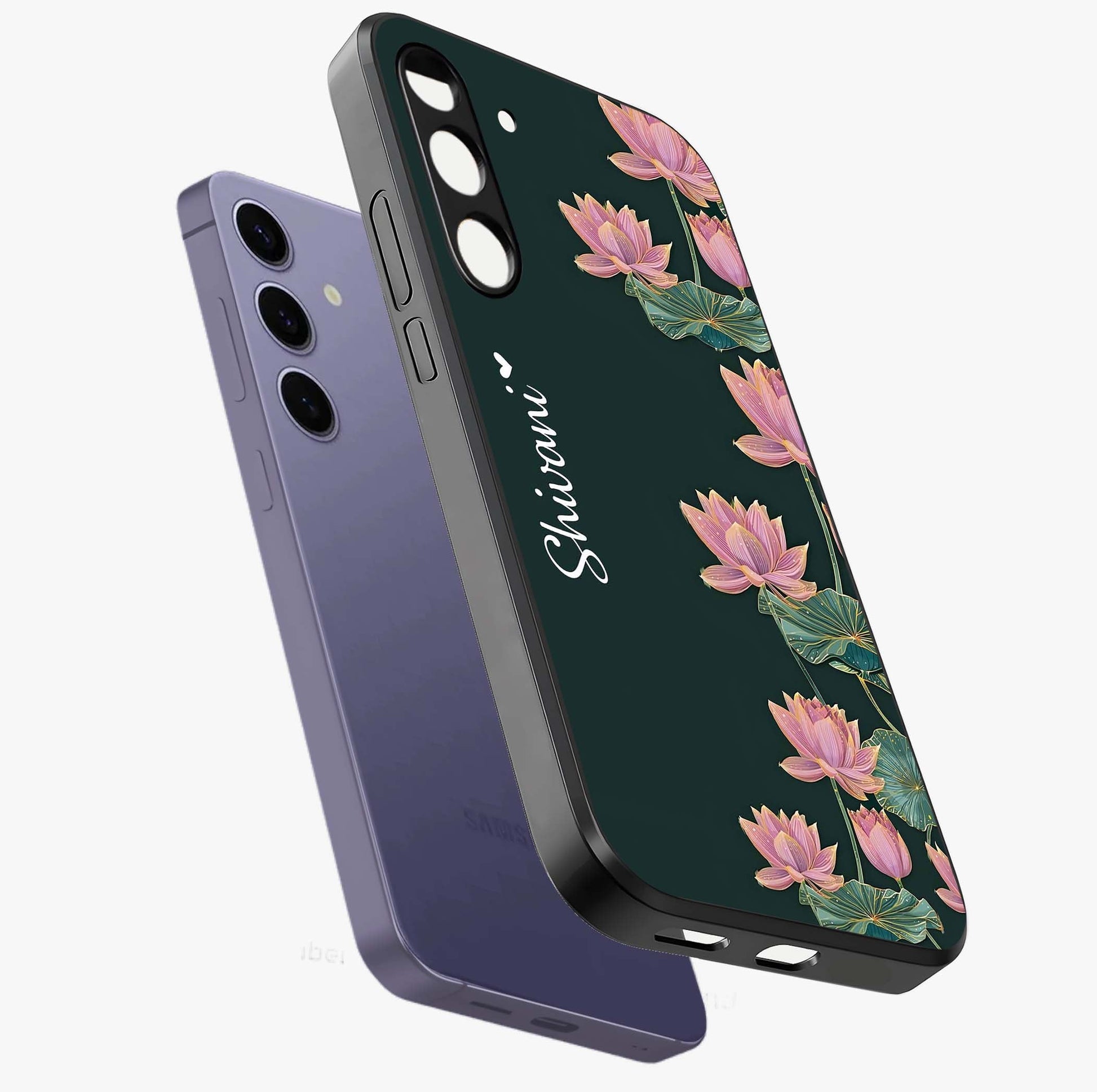 Lotus Bloom Serenity Custom Name Glass Case displayed in angled mockup highlighting graceful lotus illustration with custom name feature.