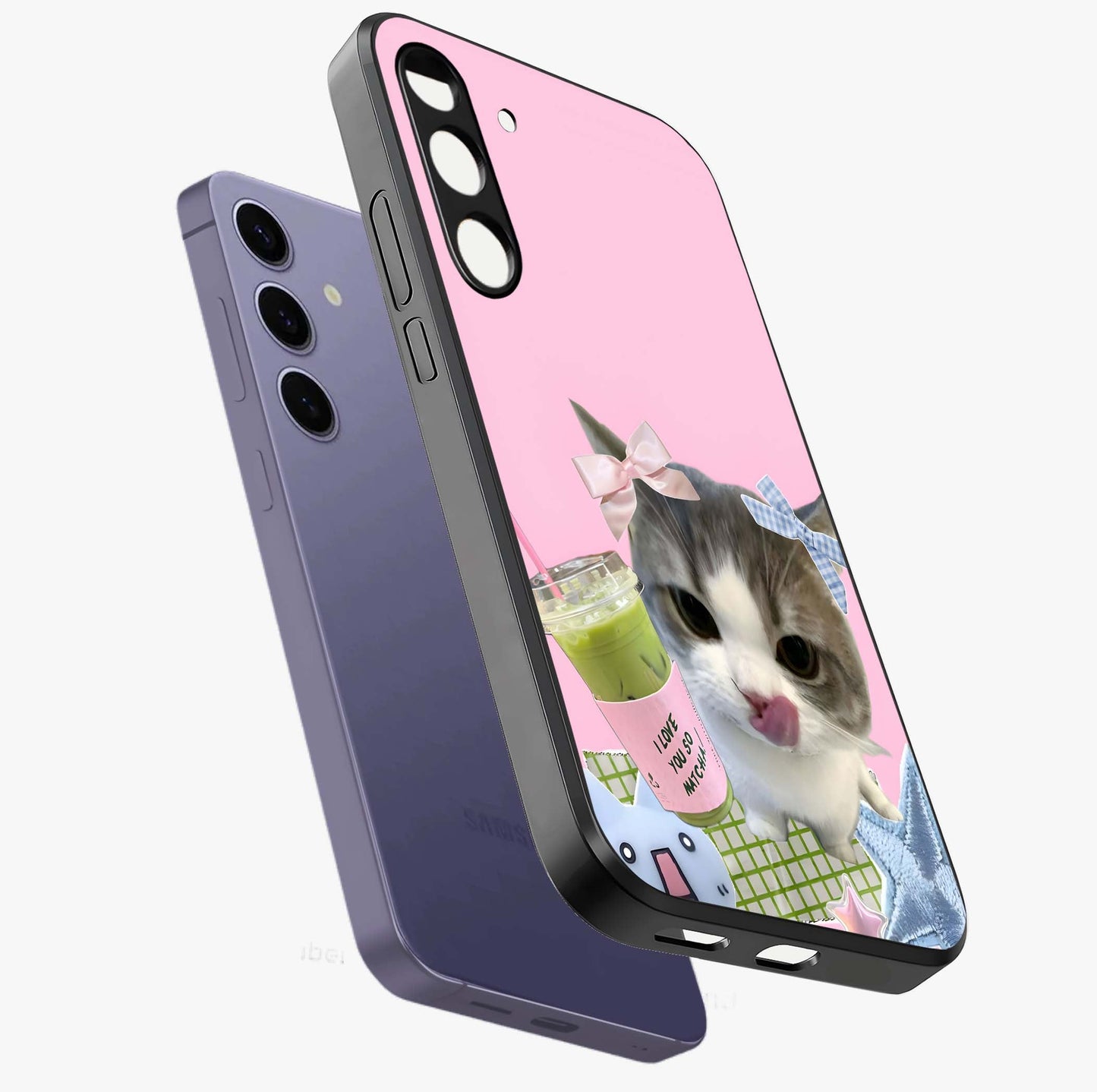 Love Matcha Cat Glass Case displayed in angled mockup highlighting playful feline illustration with cozy matcha aesthetic.