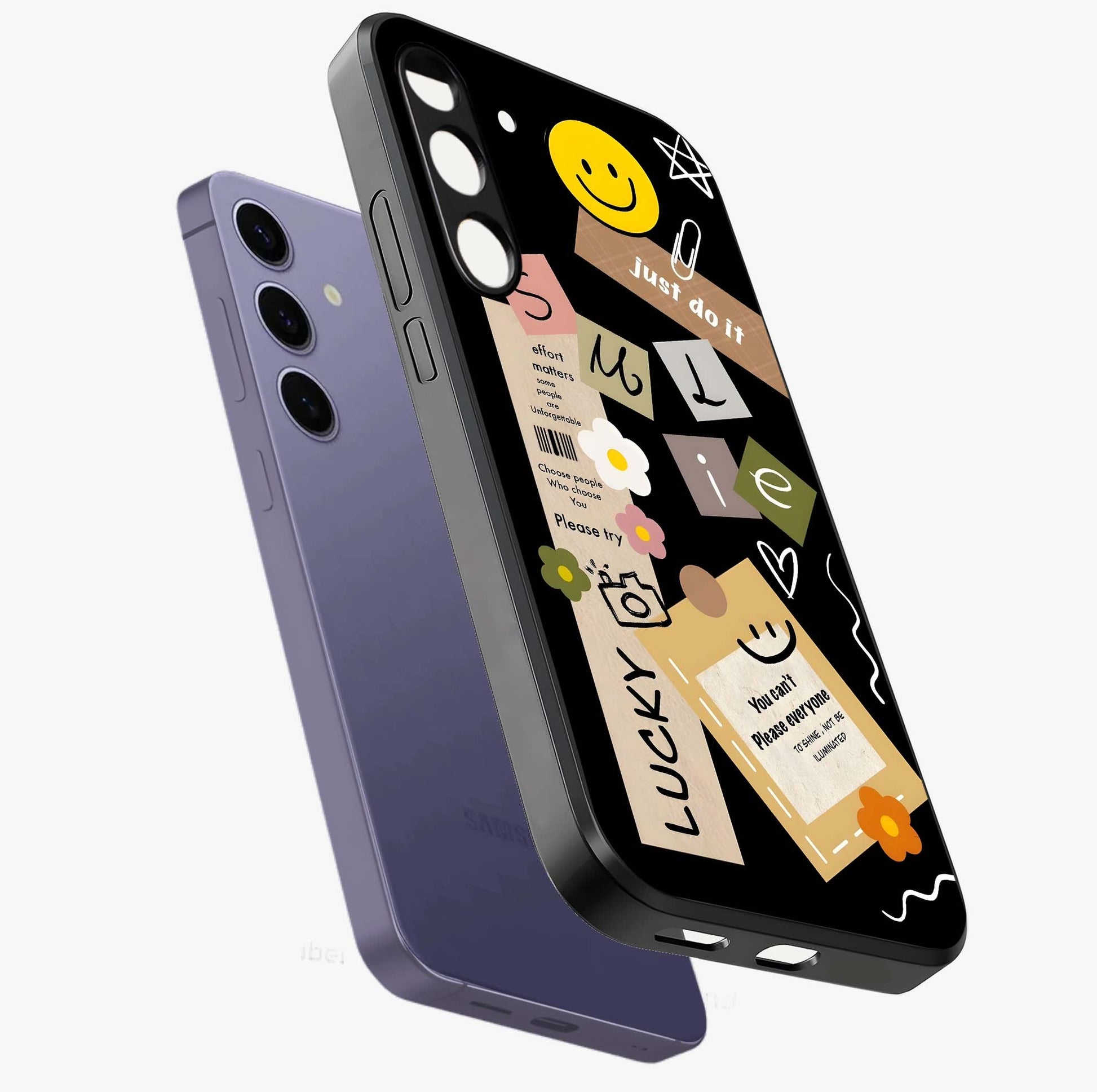Lucky Aesthetic Collage Glass Case displayed in angled mockup highlighting stylish collage pattern with modern aesthetic vibe.