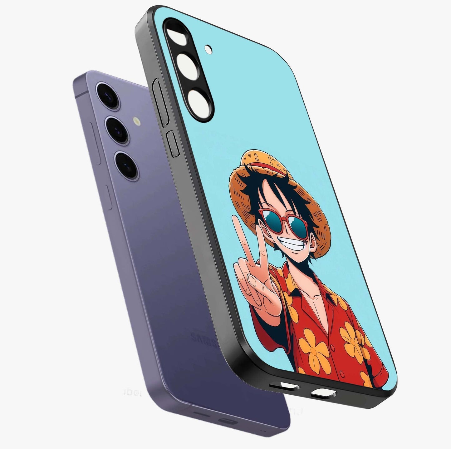 Luffy Summer Anime Vibe Glass Case displayed in angled mockup highlighting energetic anime illustration with summer vibe aesthetic.
