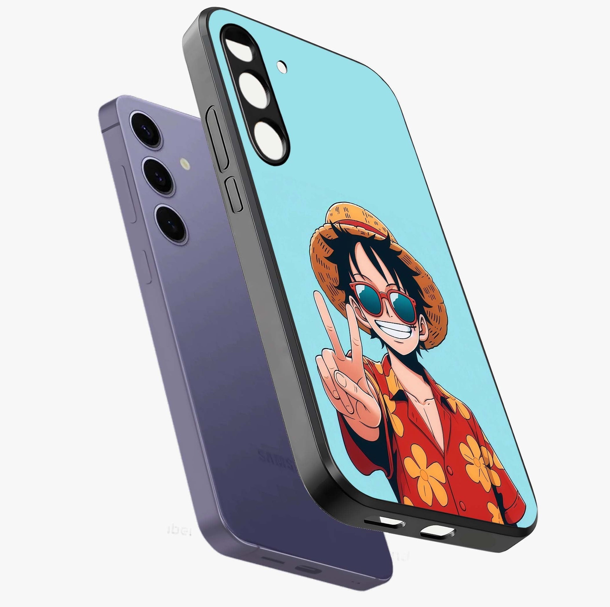 Luffy Summer Anime Vibe Glass Case displayed in angled mockup highlighting energetic anime illustration with summer vibe aesthetic.