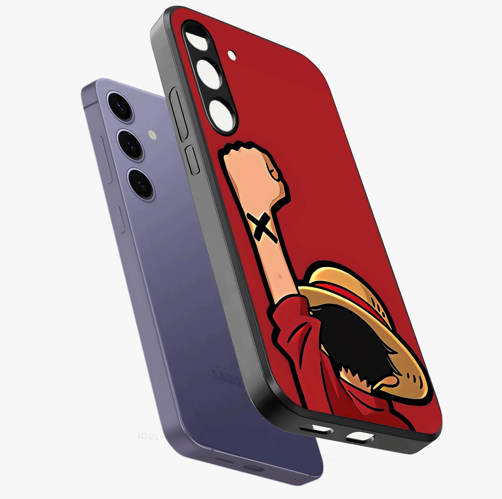 Luffy X Spirit Glass Case displayed in angled mockup highlighting powerful anime design with energetic action aesthetic.