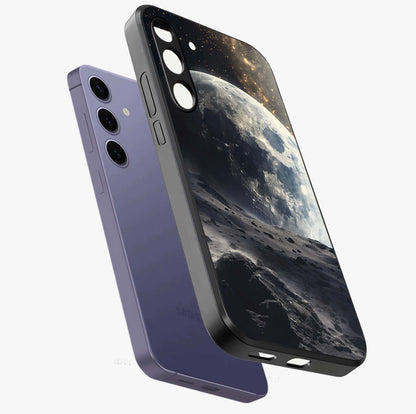 Lunar Horizon Glow Glass Case displayed in angled mockup highlighting celestial moon design with dreamy night aesthetic.