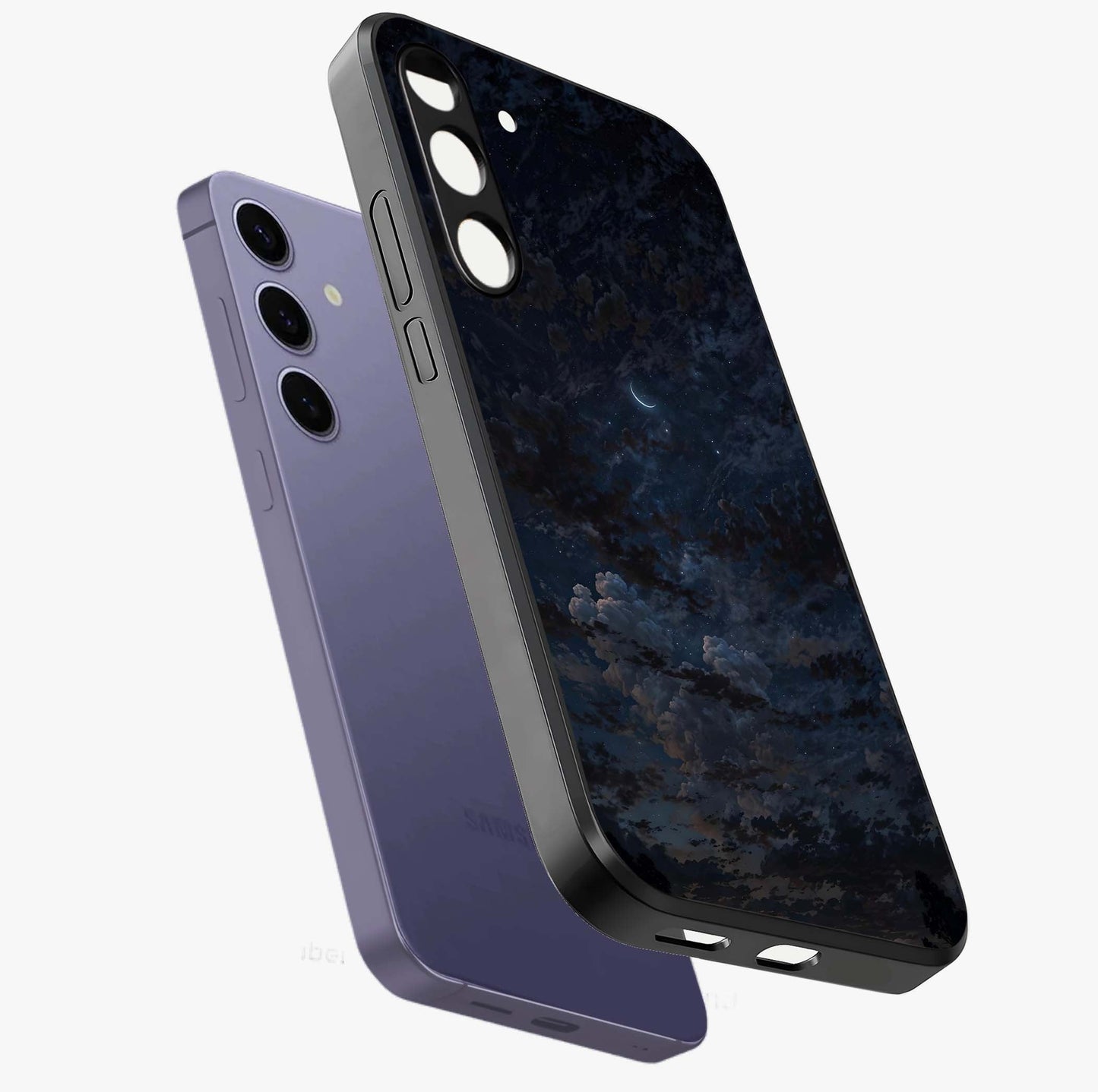 Lunar Veil Silence Glass Case displayed in angled mockup highlighting soft lunar design with peaceful celestial aesthetic.