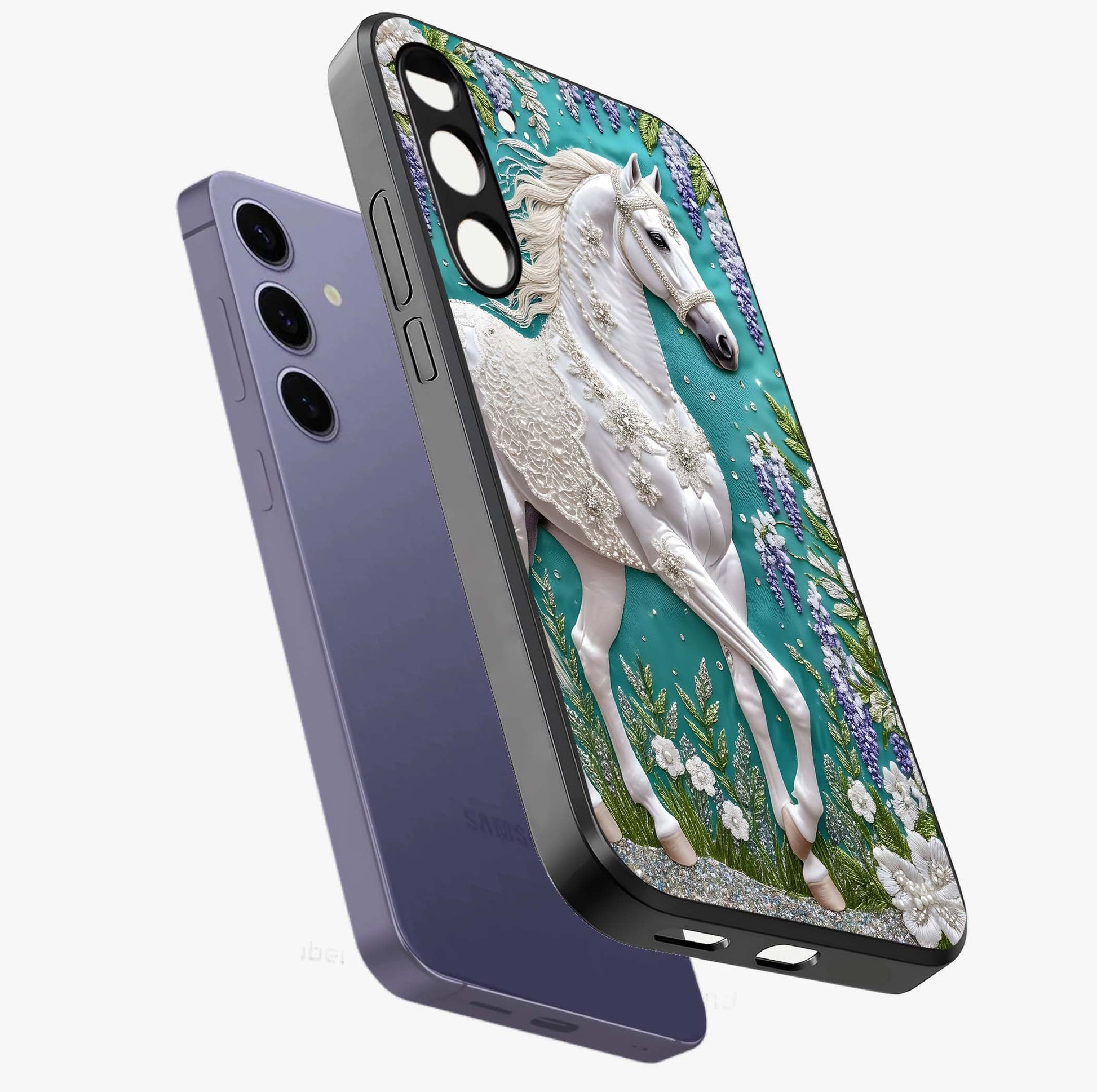 Majestic Floral Stallion Glass Case displayed in angled mockup highlighting majestic stallion illustration with elegant floral aesthetic.