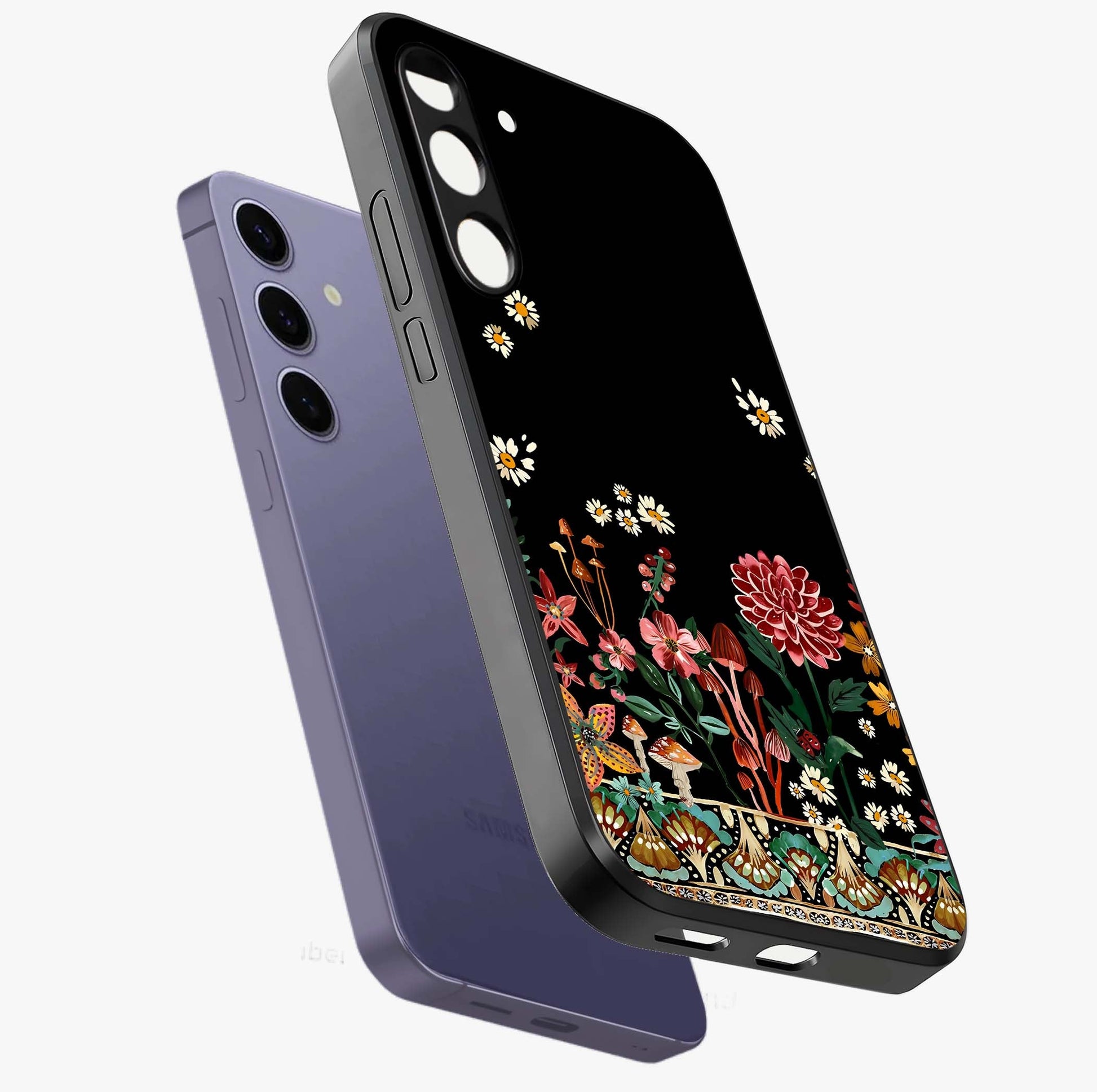 Midnight Bloom Pattern Glass Case displayed in angled mockup highlighting elegant flower design with midnight aesthetic style.