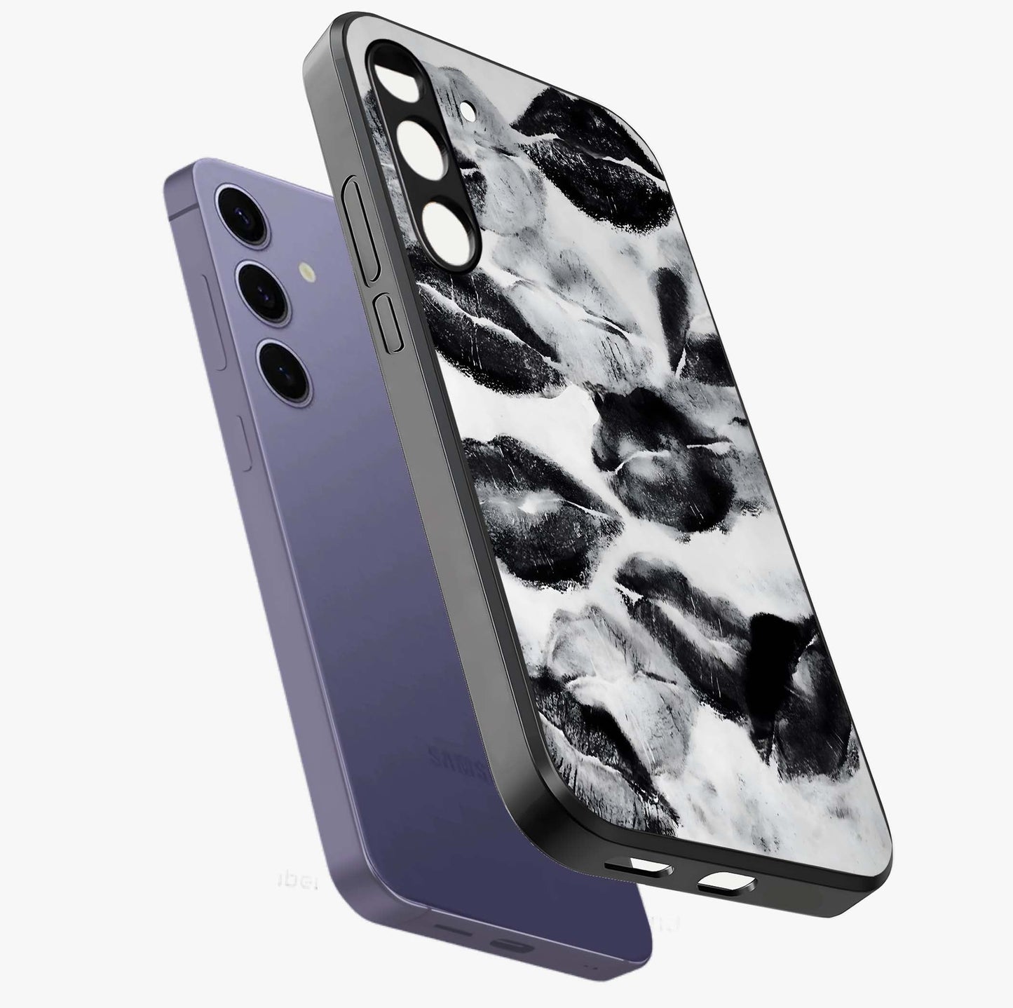 Midnight Kiss Marks Glass Case displayed in angled mockup highlighting playful romantic design with bold midnight aesthetic.