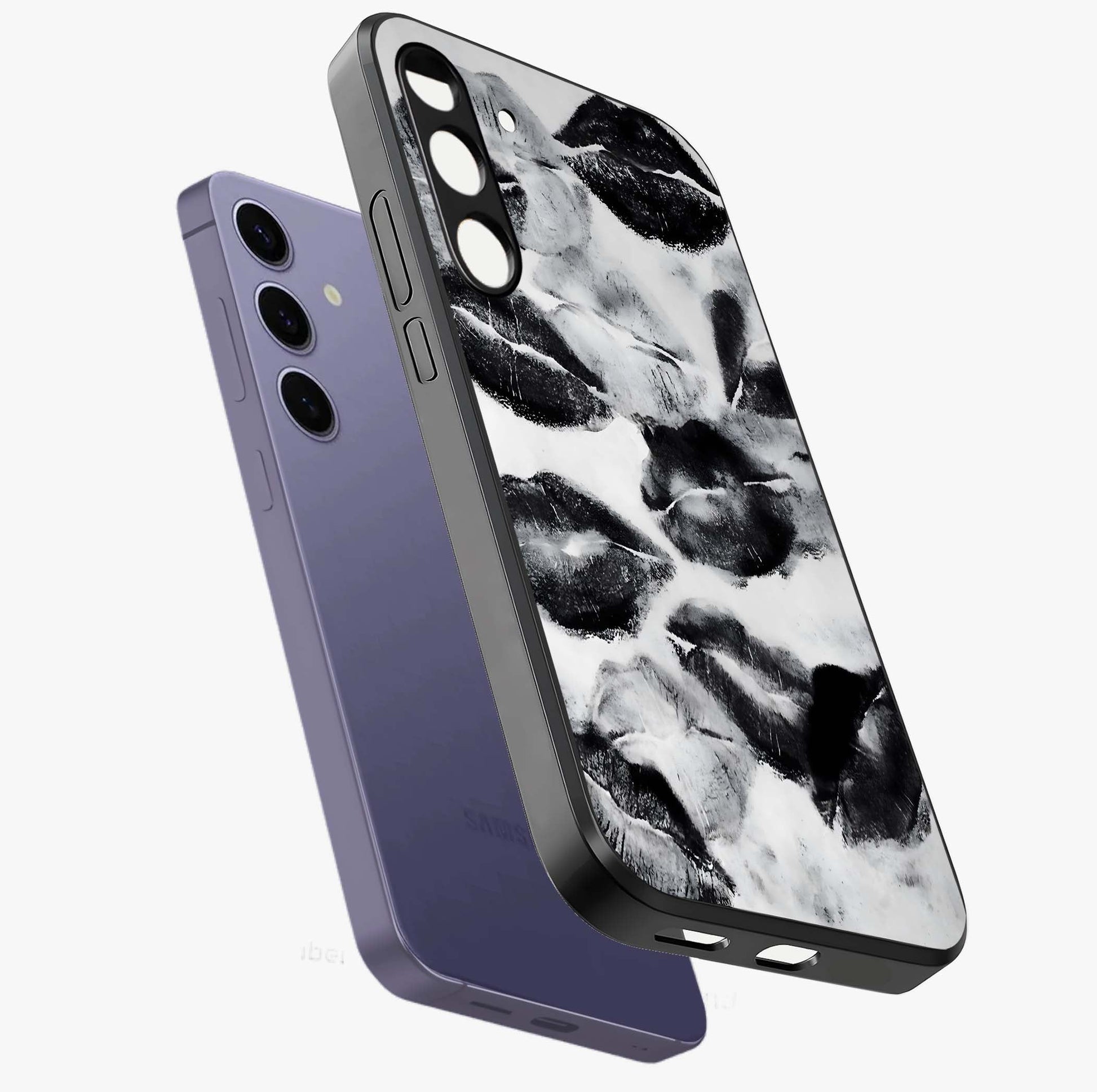 Midnight Kiss Marks Glass Case displayed in angled mockup highlighting playful romantic design with bold midnight aesthetic.