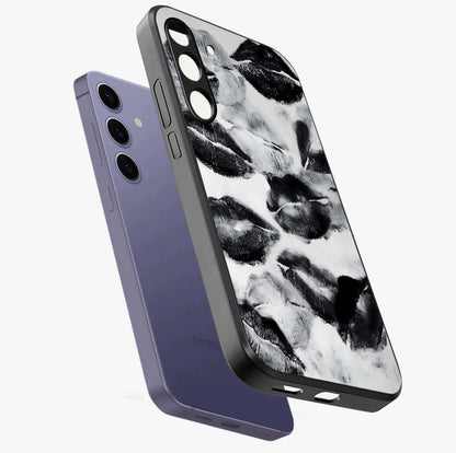Midnight Kiss Marks Glass Case displayed in angled mockup highlighting playful romantic design with bold midnight aesthetic.