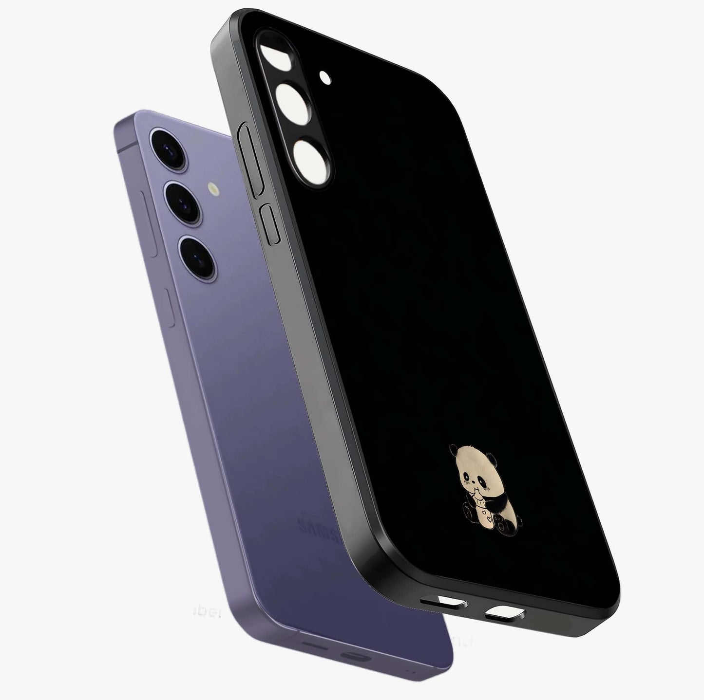 Midnight Panda Love Glass Case displayed in angled mockup highlighting adorable panda illustration with midnight aesthetic.