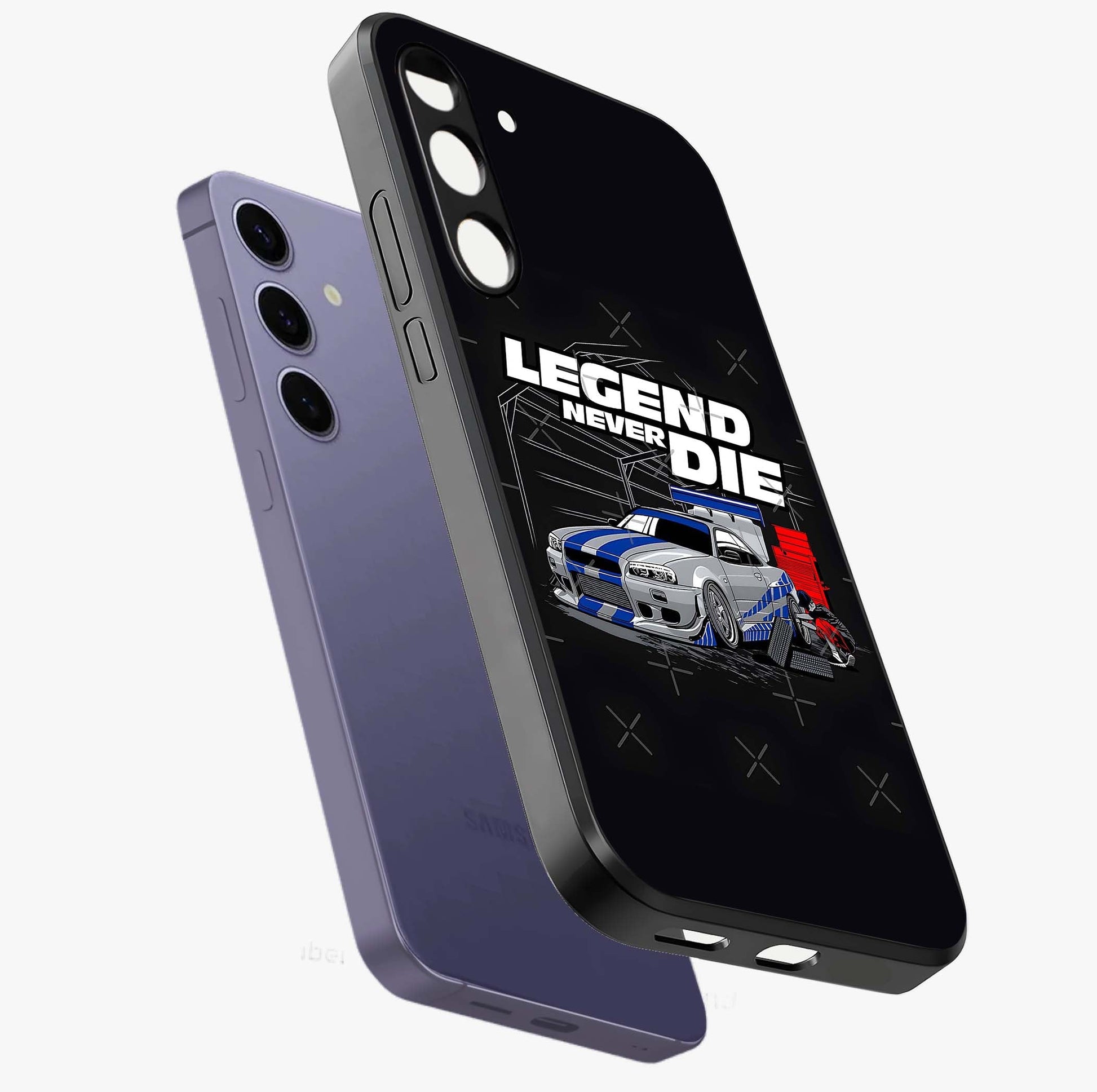 Midnight Racing Legacy Glass Case displayed in angled mockup highlighting dynamic automotive design with bold midnight aesthetic.
