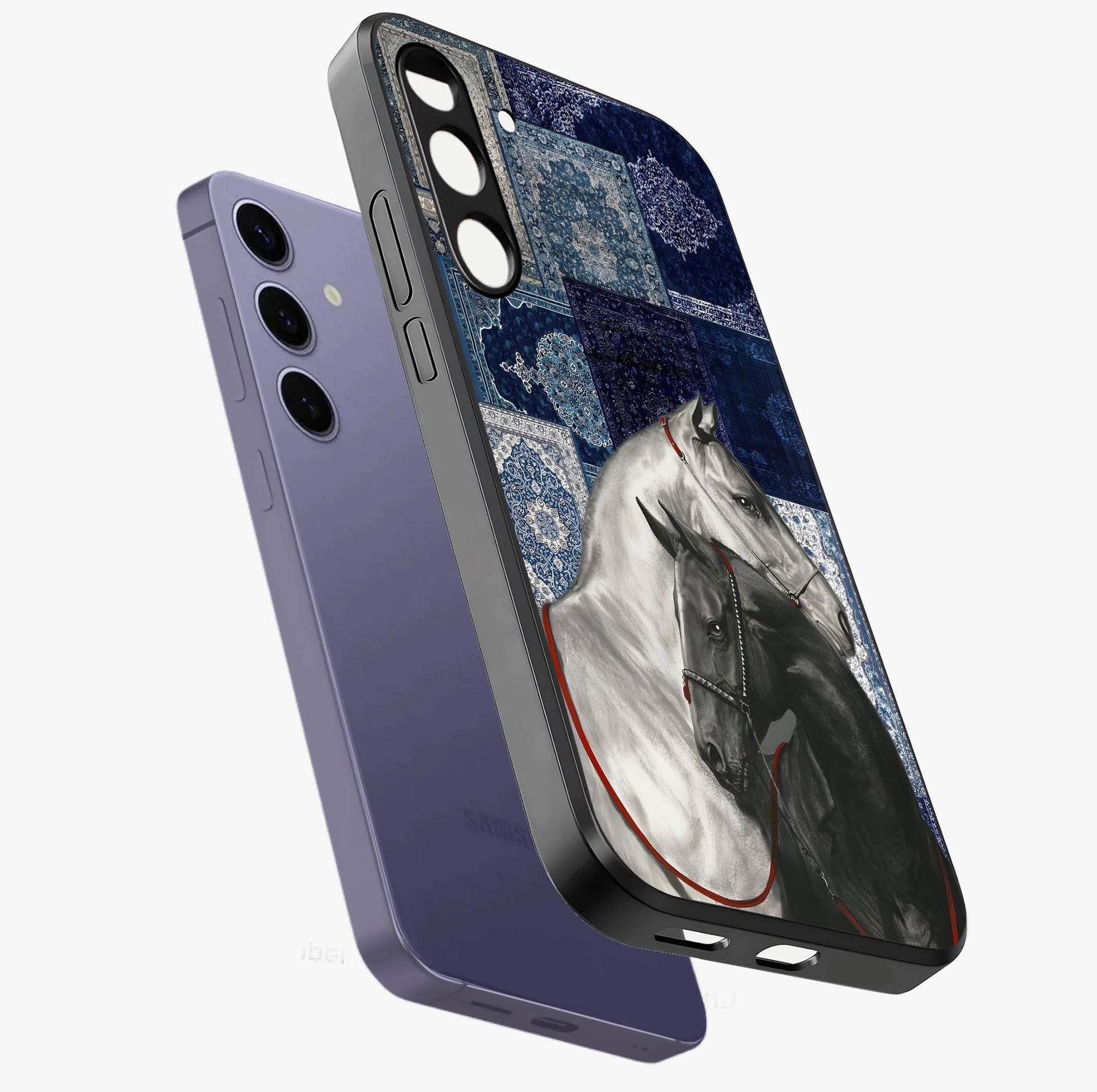 Midnight Stallion Blues Glass Case displayed in angled mockup highlighting powerful stallion illustration with deep midnight tones.