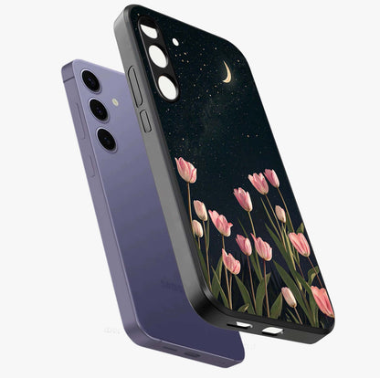 Midnight Tulip Whispers Vibe Glass Case displayed in angled mockup highlighting delicate tulip design with midnight floral aesthetic.