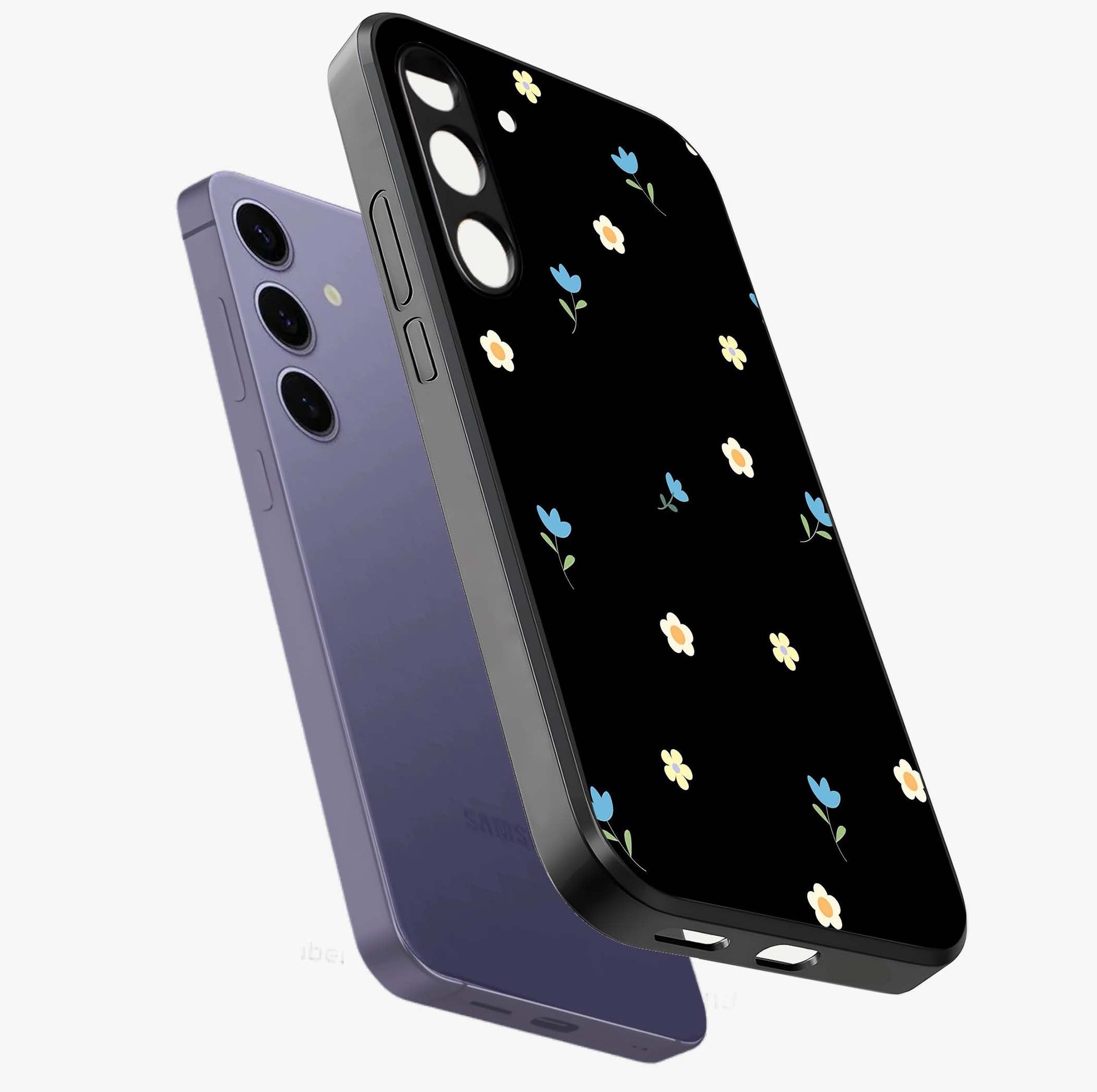 Minimal Petal Whispers Glass Case displayed in angled mockup highlighting delicate petal design with clean minimal aesthetic.