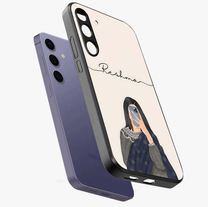 Mirror Mood Muse With Custom Name Glass Case displayed in angled mockup highlighting aesthetic mirror inspired design with custom name feature.