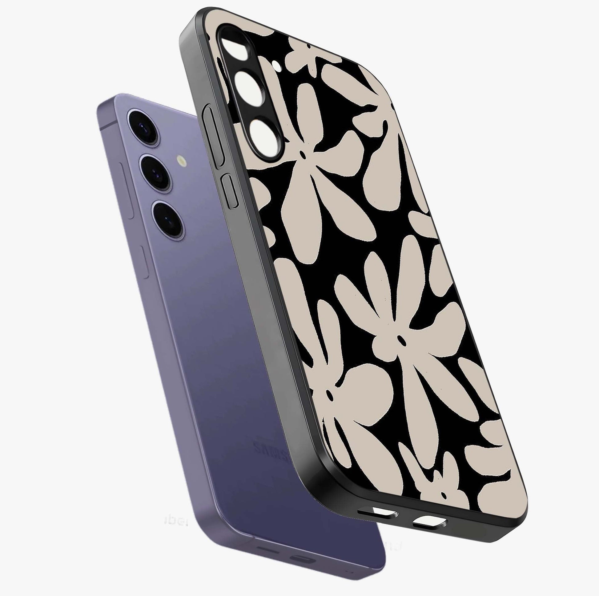 Monochrome Petal Dance Glass Case displayed in angled mockup highlighting elegant petal design with black and white aesthetic.