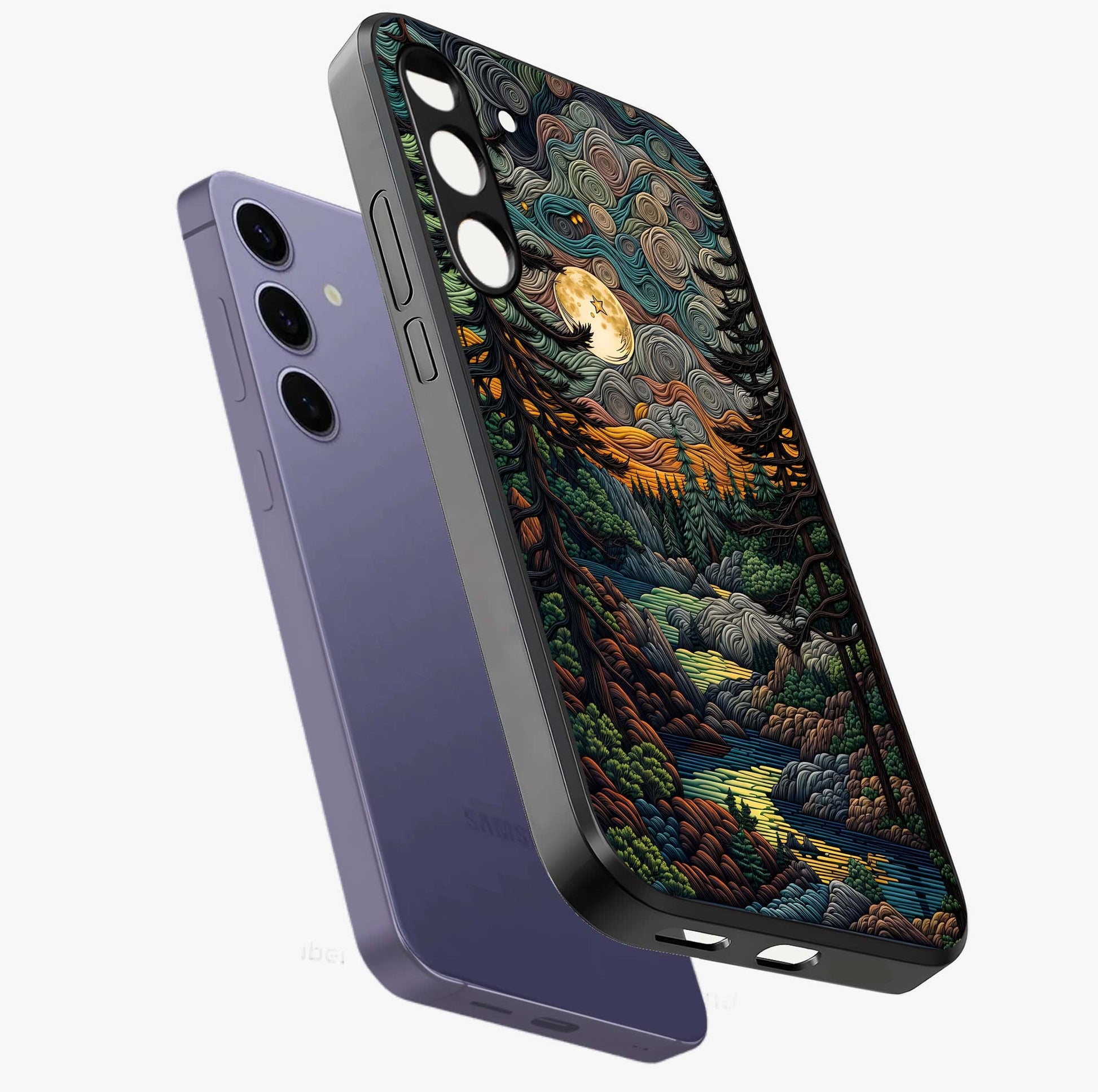 Moonlight Forest Dream Glass Case displayed in angled mockup highlighting dreamy forest design with glowing moon aesthetic.
