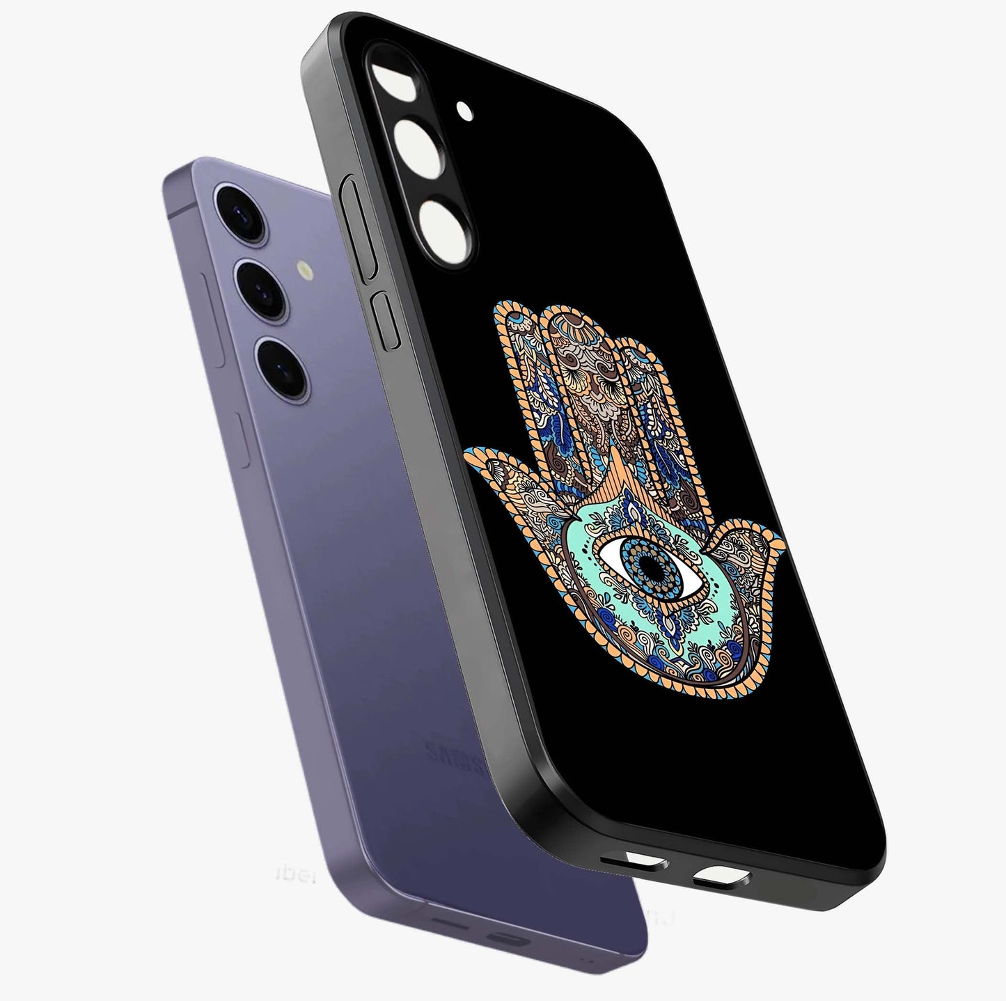 Mystic Hamsa Eye Glass Case displayed in angled mockup highlighting spiritual hamsa symbol with mystical aesthetic style.