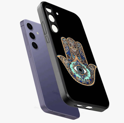 Mystic Hamsa Eye Glass Case displayed in angled mockup highlighting spiritual hamsa symbol with mystical aesthetic style.