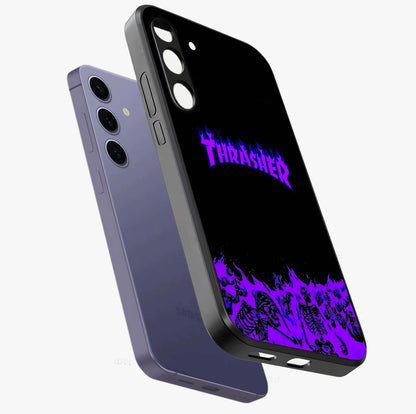 Neon Flame Riot Glass Case displayed in angled mockup highlighting glowing flame design with vibrant neon aesthetic.