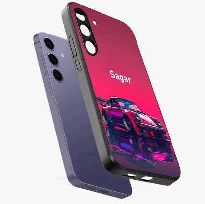 Neon Pink Porsche Glass Case displayed in angled mockup highlighting sleek neon pink car design with racing aesthetic.
