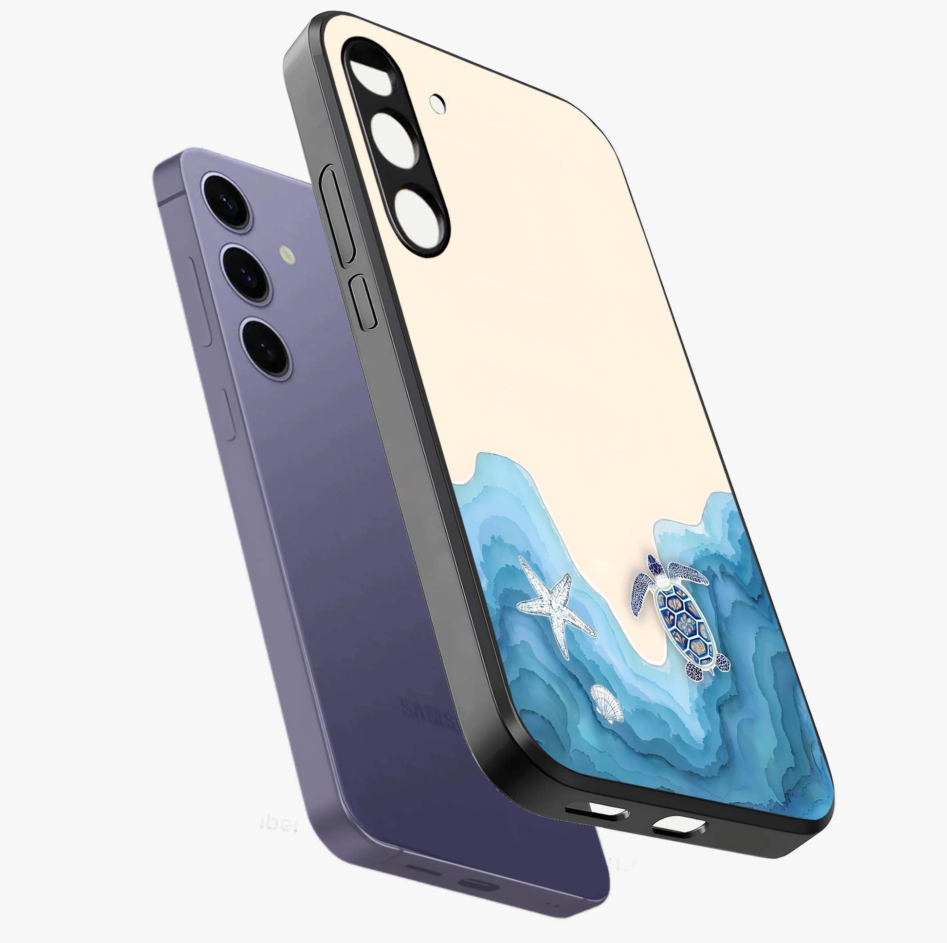 Ocean Drift Turtle Glass Case displayed in angled mockup highlighting peaceful ocean turtle illustration with marine aesthetic.