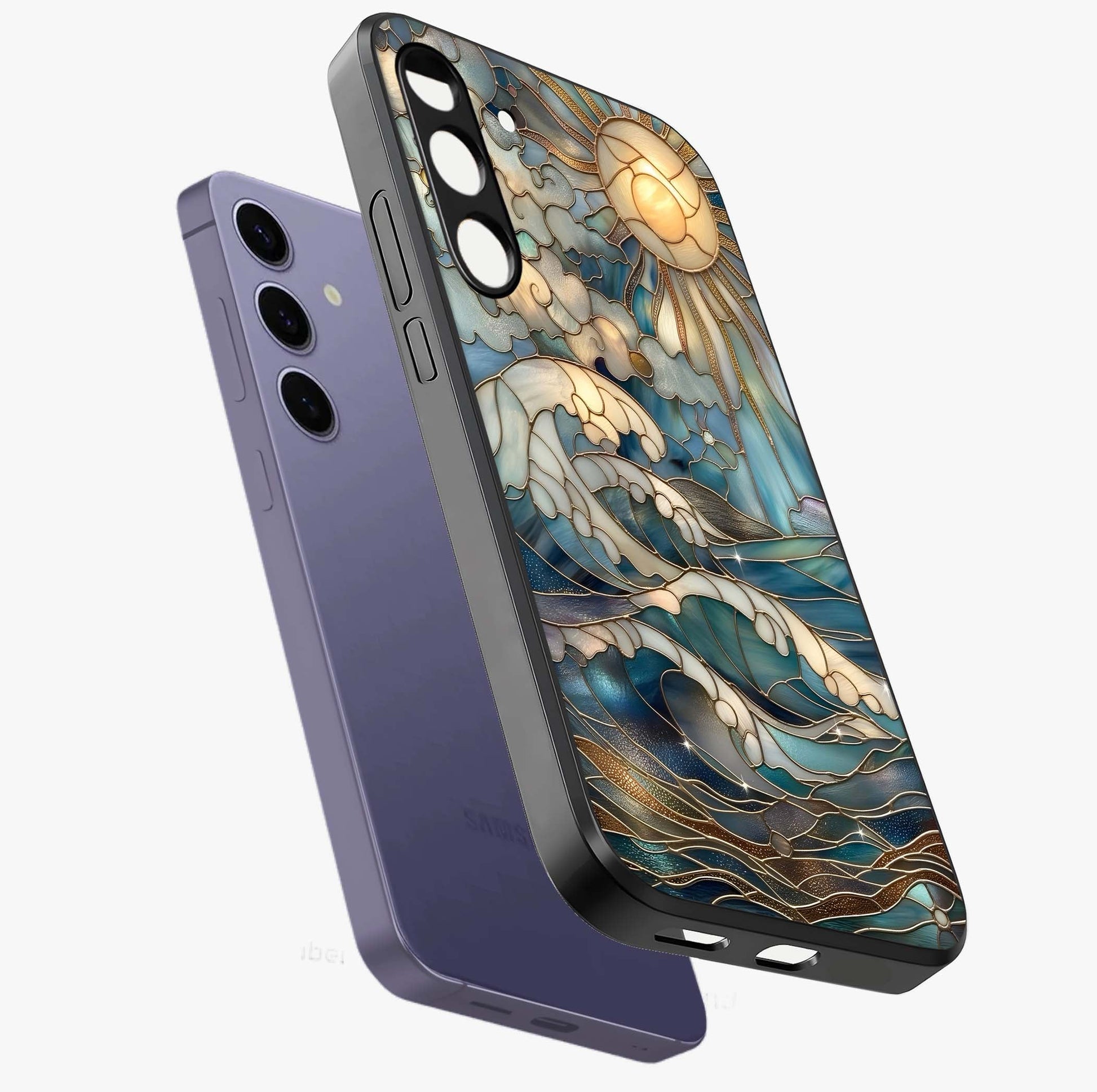Oceanic Stained Printed Glass Case displayed in angled mockup highlighting colorful aquatic design with artistic aesthetic style.