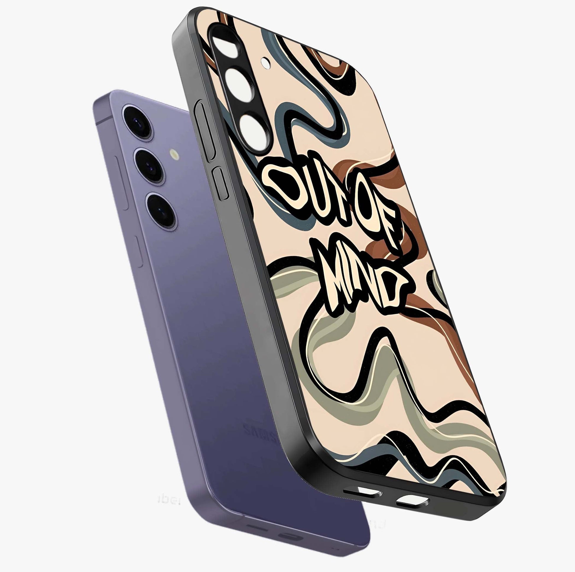 Out Of Mind Glass Case displayed in angled mockup highlighting bold statement design with modern artistic aesthetic.