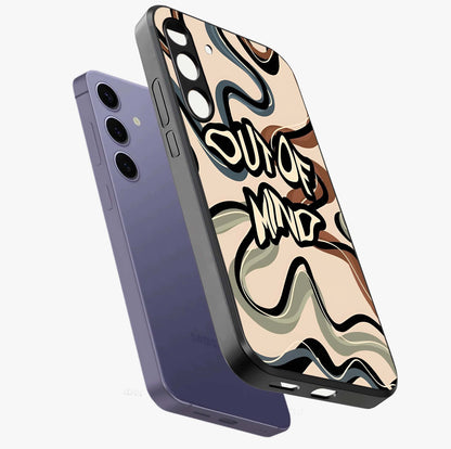 Out Of Mind Glass Case displayed in angled mockup highlighting bold statement design with modern artistic aesthetic.