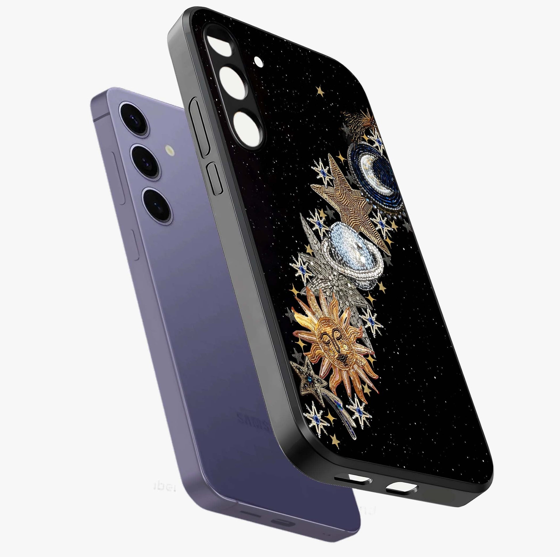 Pearls Universe Object Glass Case displayed in angled mockup highlighting celestial pearl design with dreamy aesthetic.