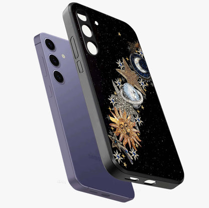 Pearls Universe Object Glass Case displayed in angled mockup highlighting celestial pearl design with dreamy aesthetic.
