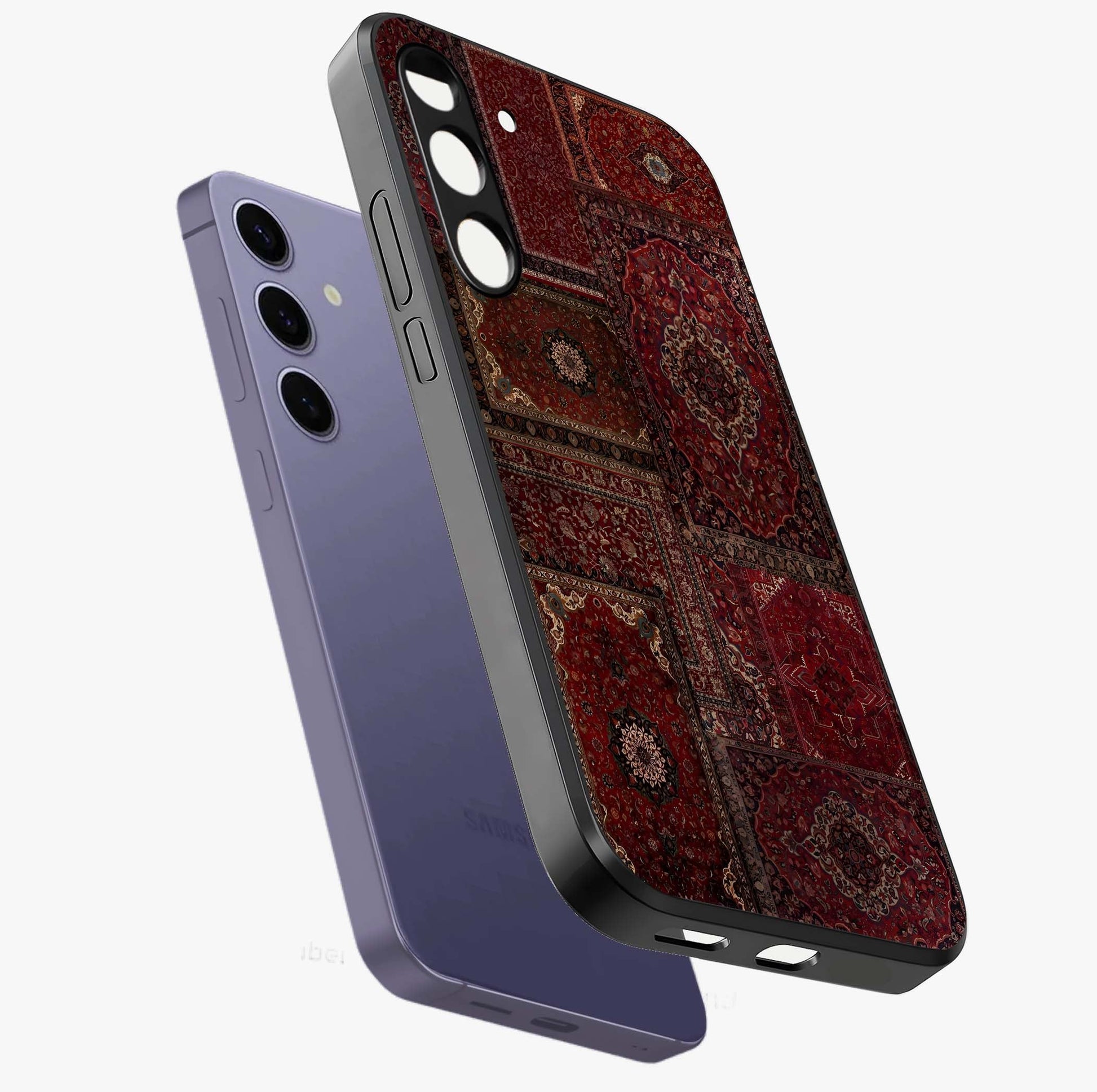 Persian Velvet Tale Glass Case displayed in angled mockup highlighting ornate textile inspired design with royal aesthetic.