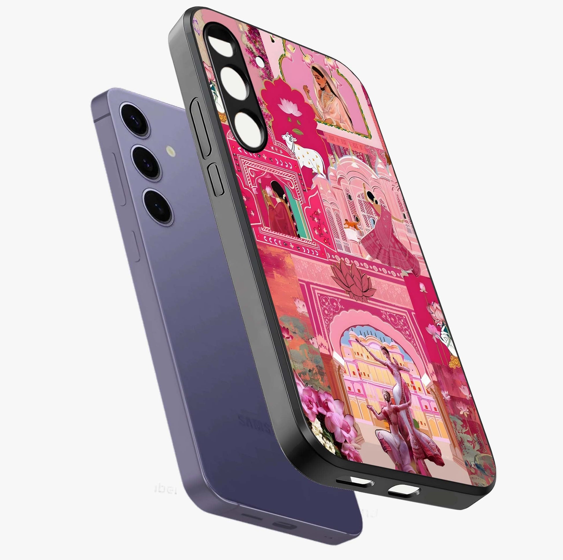 Pink Palace Muse Glass Case displayed in angled mockup highlighting dreamy palace illustration with soft pink aesthetic.