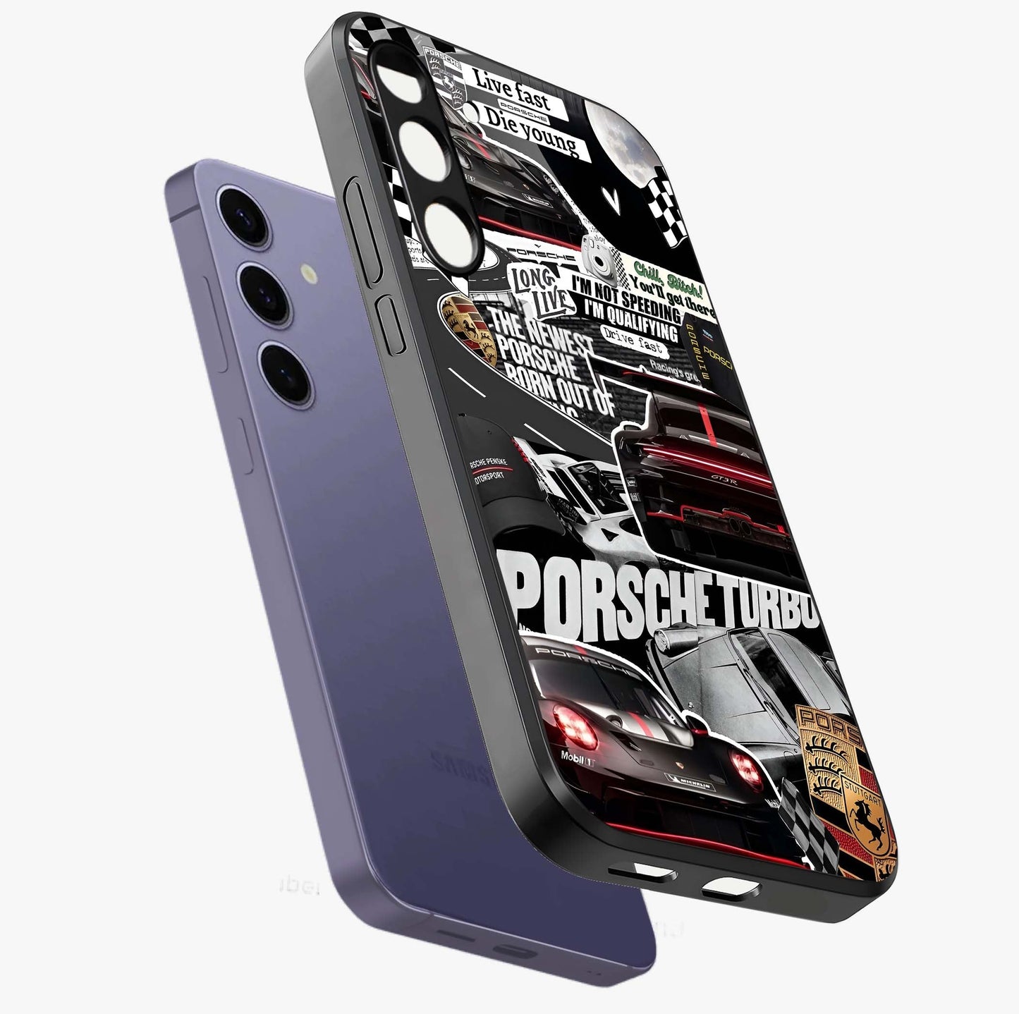 Porsche Racing Collage Glass Case displayed in angled mockup highlighting dynamic automotive design with bold racing aesthetic.