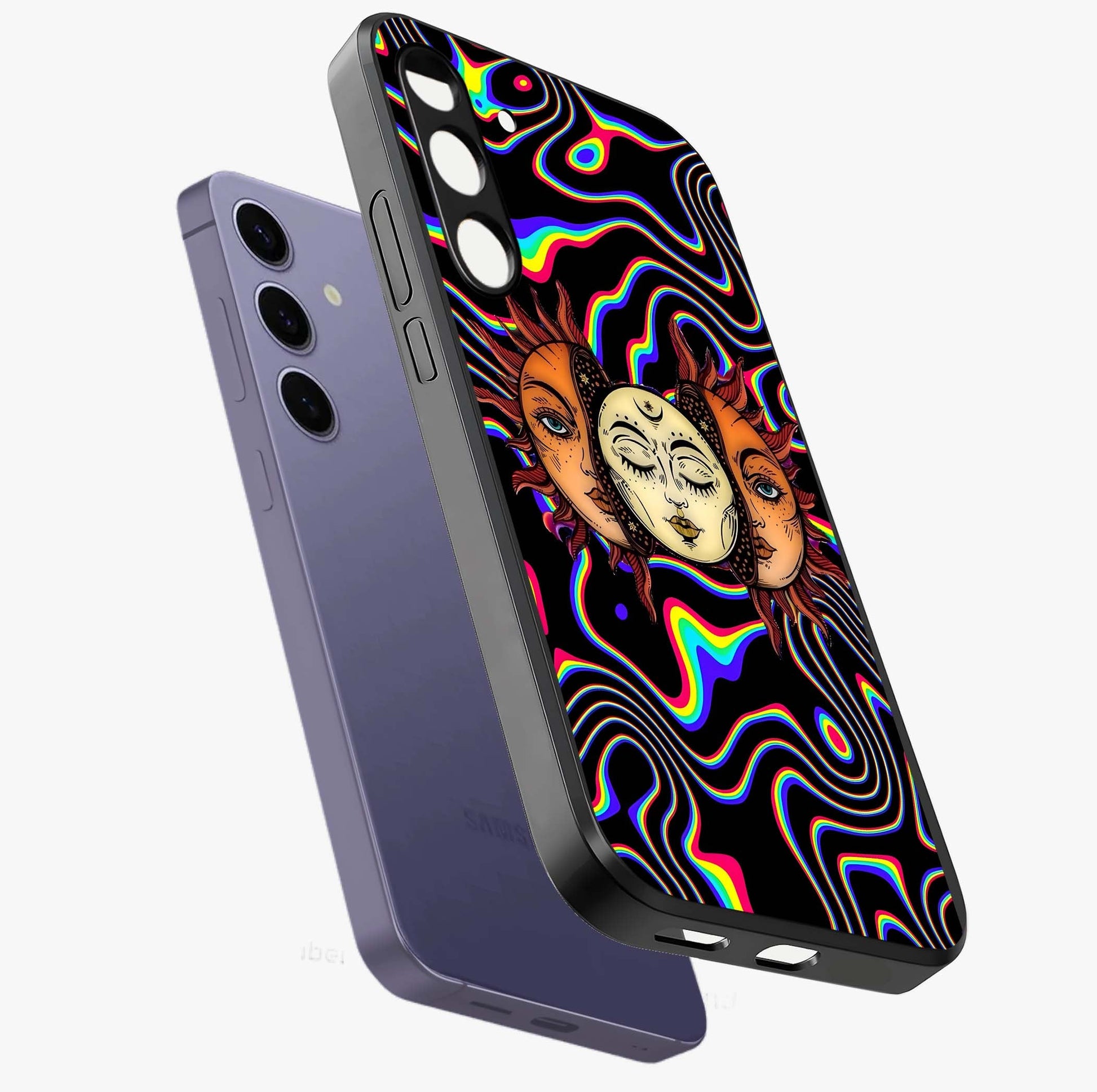 Psychedelic Sun Glass Case displayed in angled mockup highlighting vibrant abstract sun design with artistic aesthetic style.