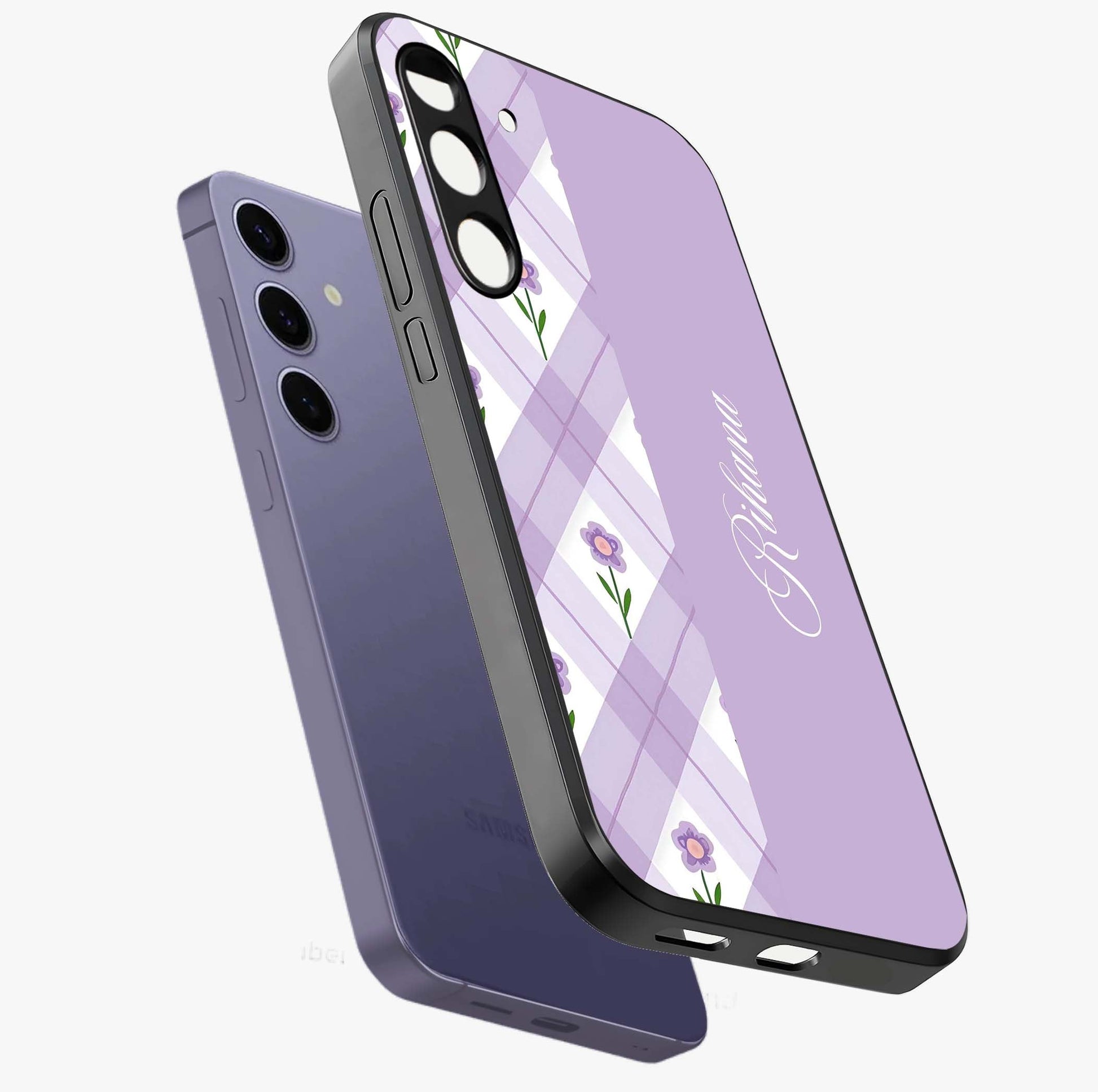 Purple Diamond Floral Glass Case displayed in angled mockup highlighting elegant purple flower design with decorative pattern.