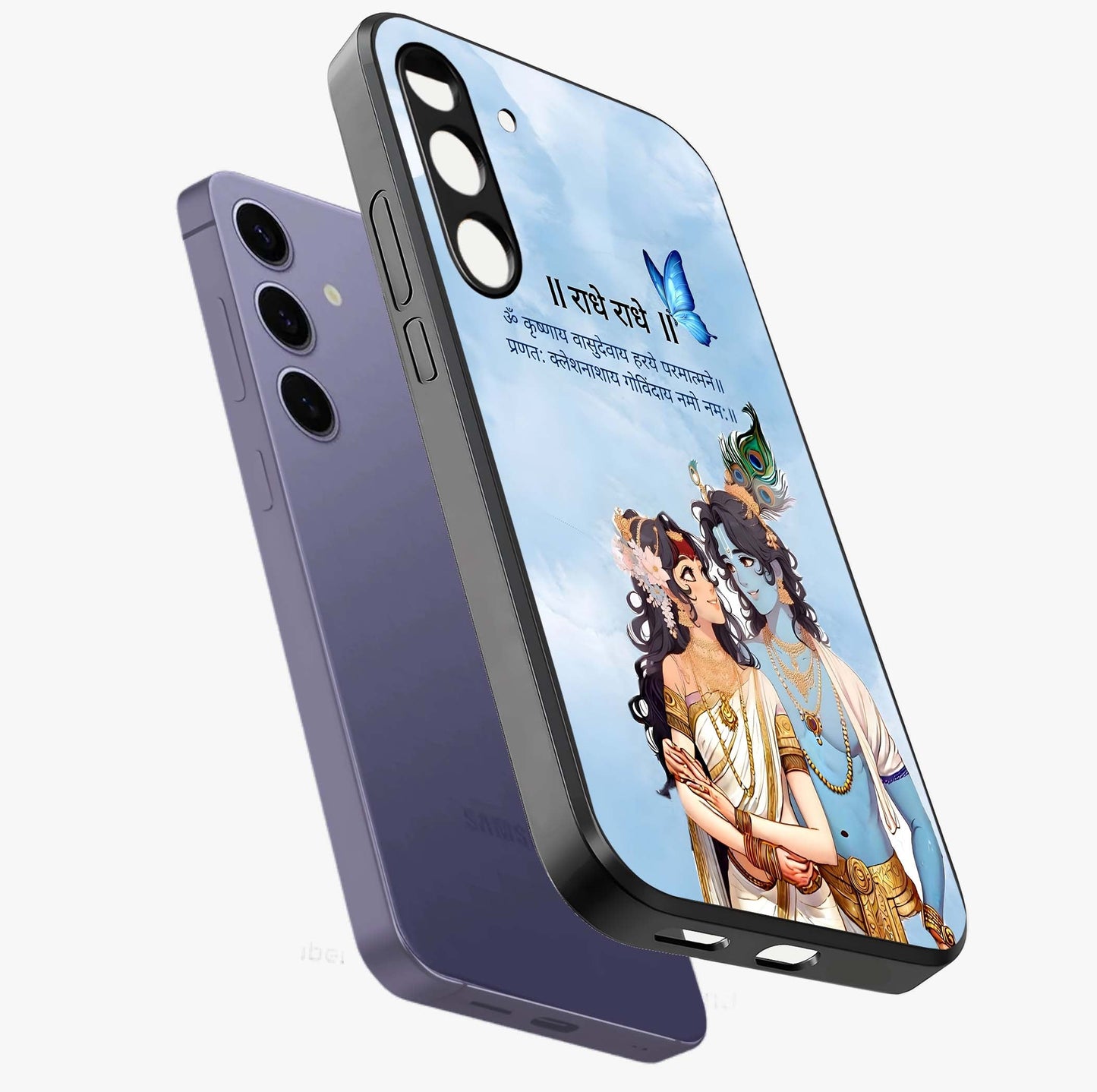 Radha Krishna Eternal Glass Case displayed in angled mockup highlighting divine Radha Krishna illustration with spiritual aesthetic.