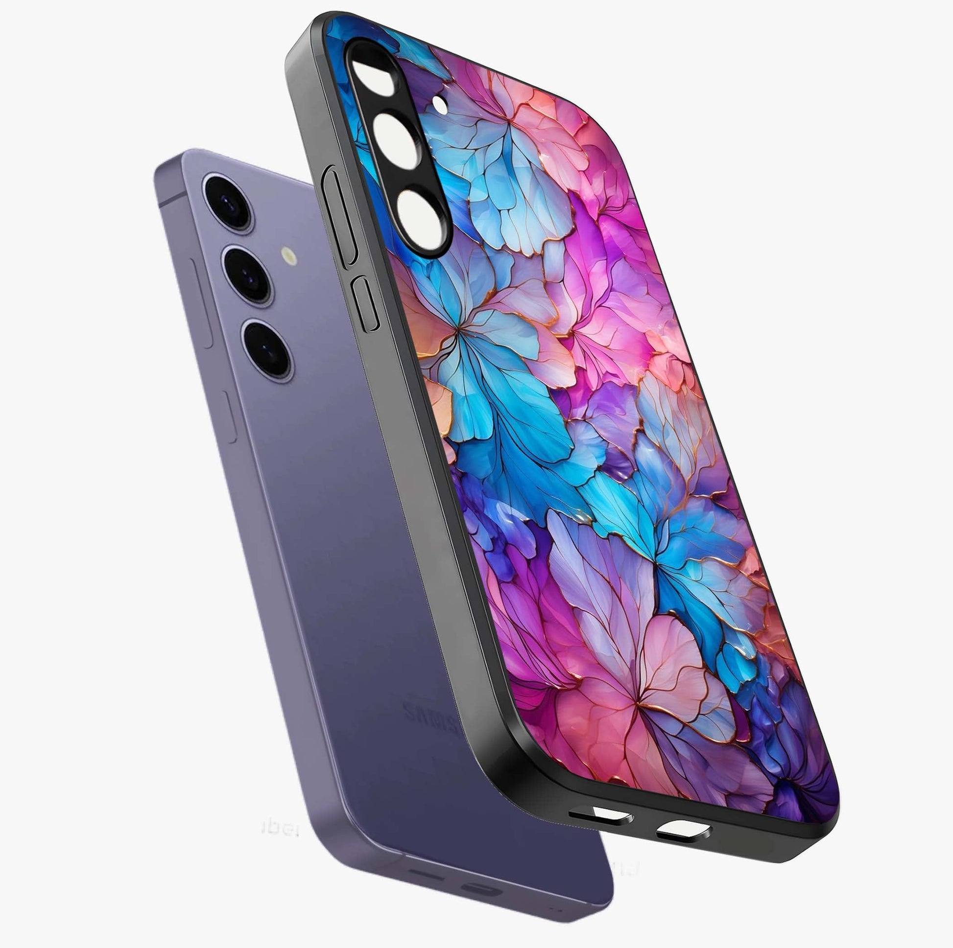 Radiant Floral Whirl Glass Case displayed in angled mockup highlighting vibrant flower pattern with dynamic artistic aesthetic.
